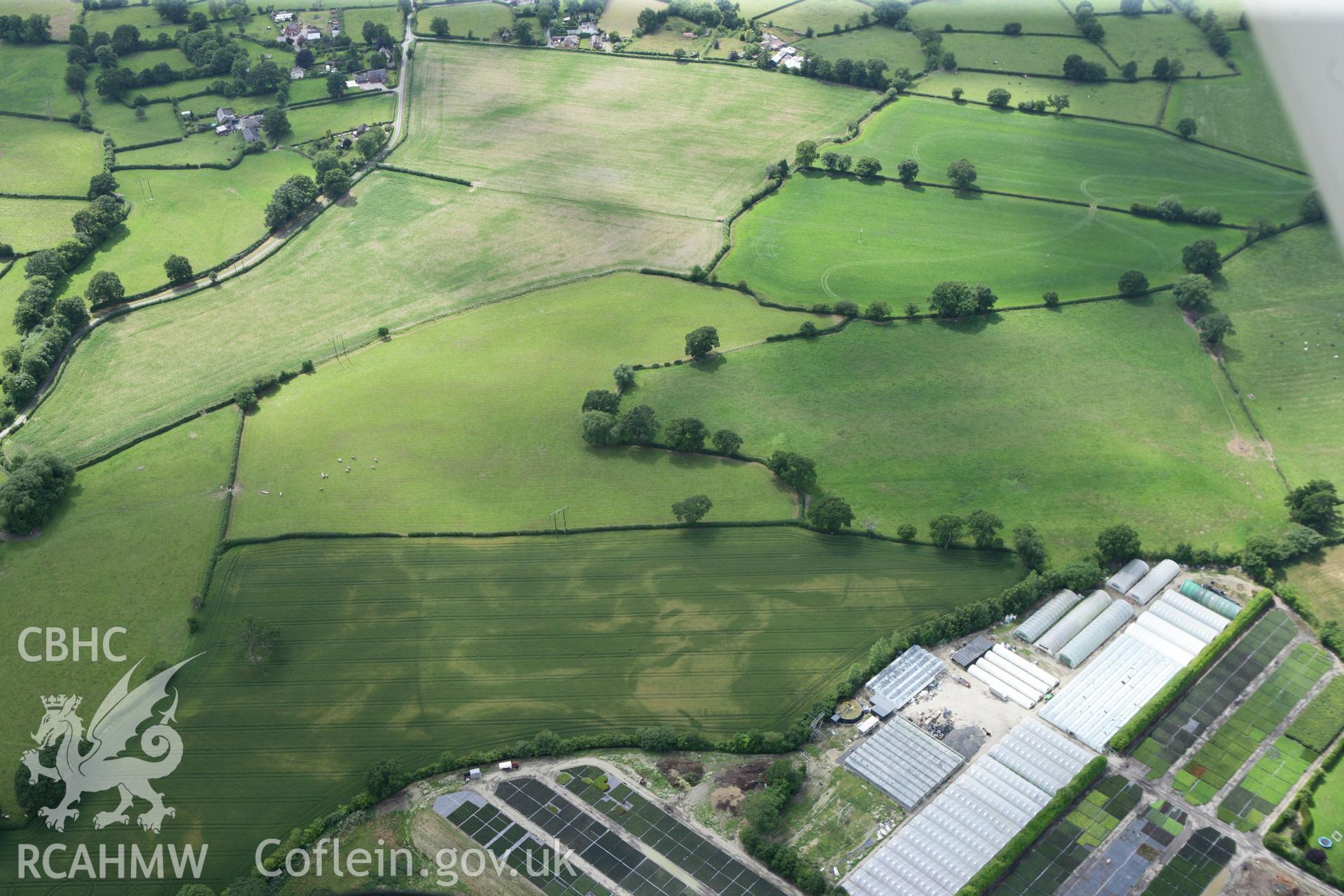 RCAHMW colour oblique photograph of Domgay Lane cropmark enclosures. Taken by Toby Driver on 20/07/2011.