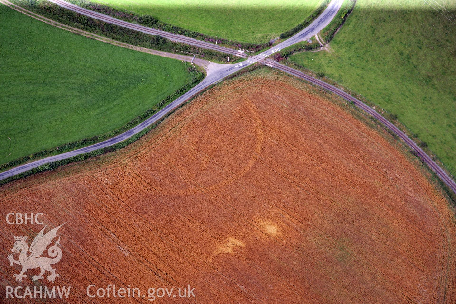 RCAHMW colour oblique photograph of Cwm cropmark enclosure, north-east of Castle Caereinion. Taken by Toby Driver on 17/08/2011.