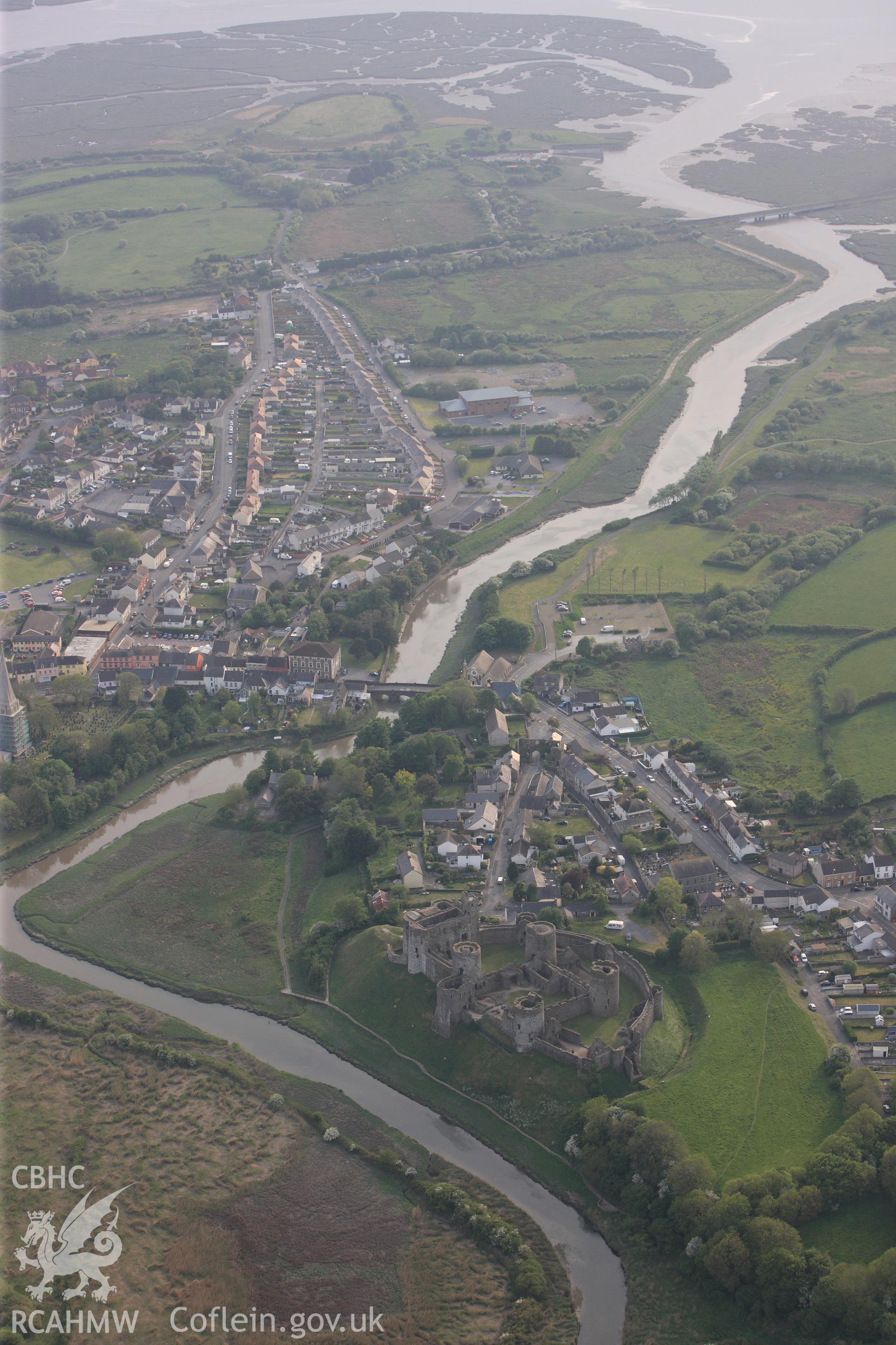 RCAHMW colour oblique photograph of Kidwelly. Taken by Toby Driver and Oliver Davies on 04/05/2011.