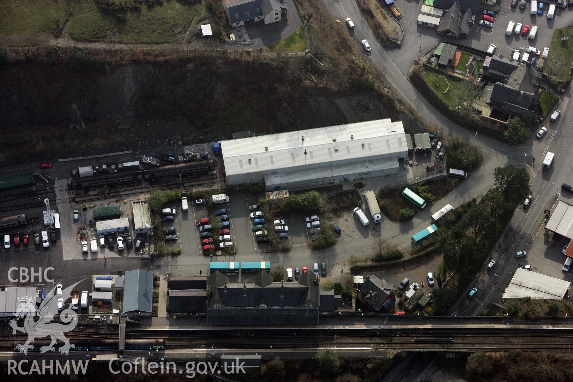 RCAHMW colour oblique photograph of Machynlleth Cambrian Railway Station. Taken by Toby Driver on 25/03/2011.