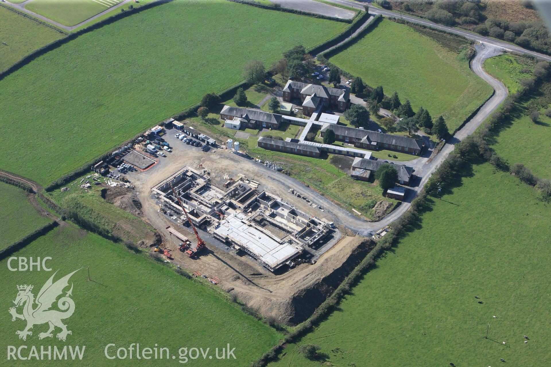 RCAHMW colour oblique photograph of Ysbyty Mynydd Mawr, with Gwalia Mynydd Mawr under construction, Llannon. Taken by Toby Driver and Oliver Davies on 28/09/2011.