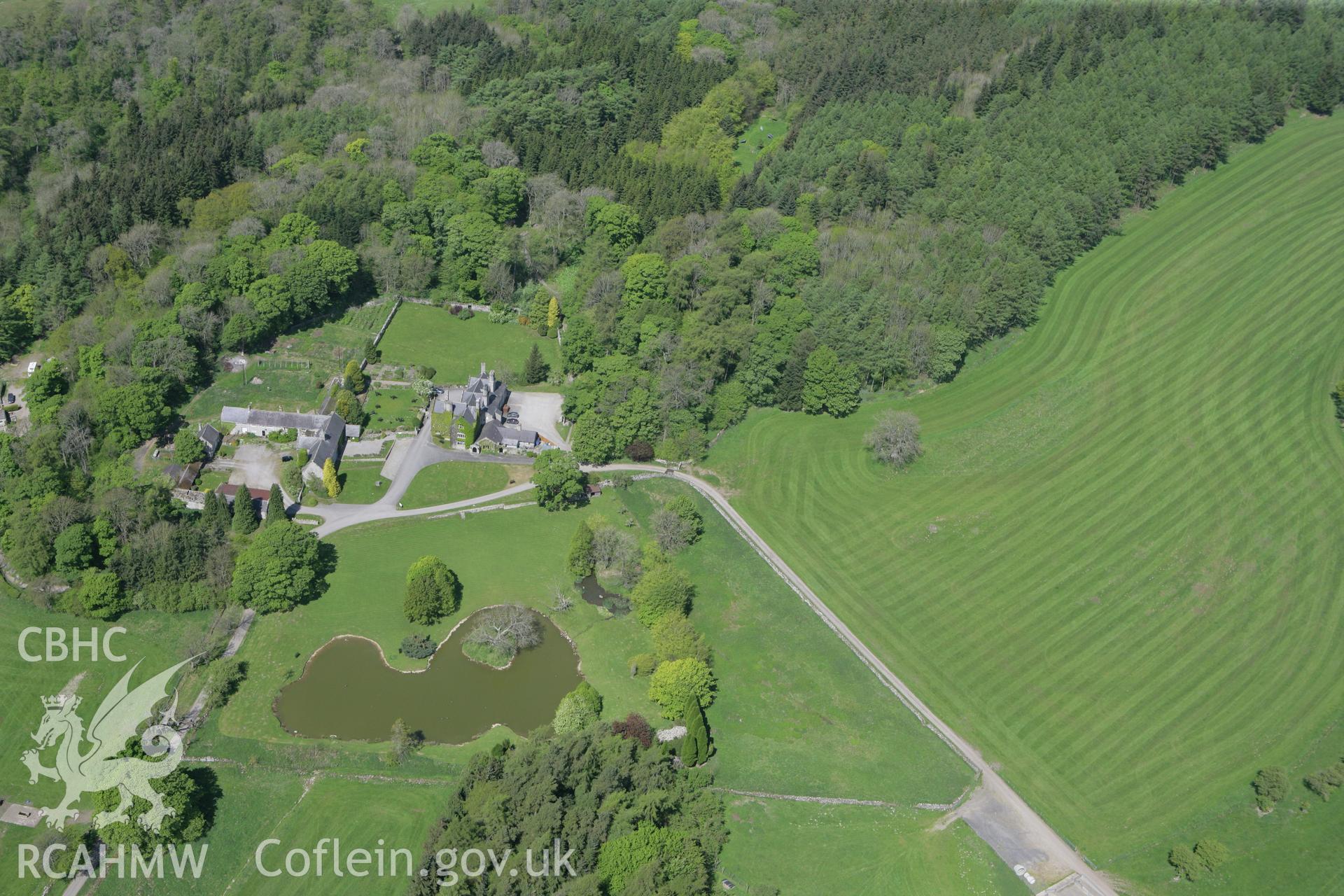 RCAHMW colour oblique photograph of Bod Iris Hall, Llandegla. Taken by Toby Driver on 03/05/2011.