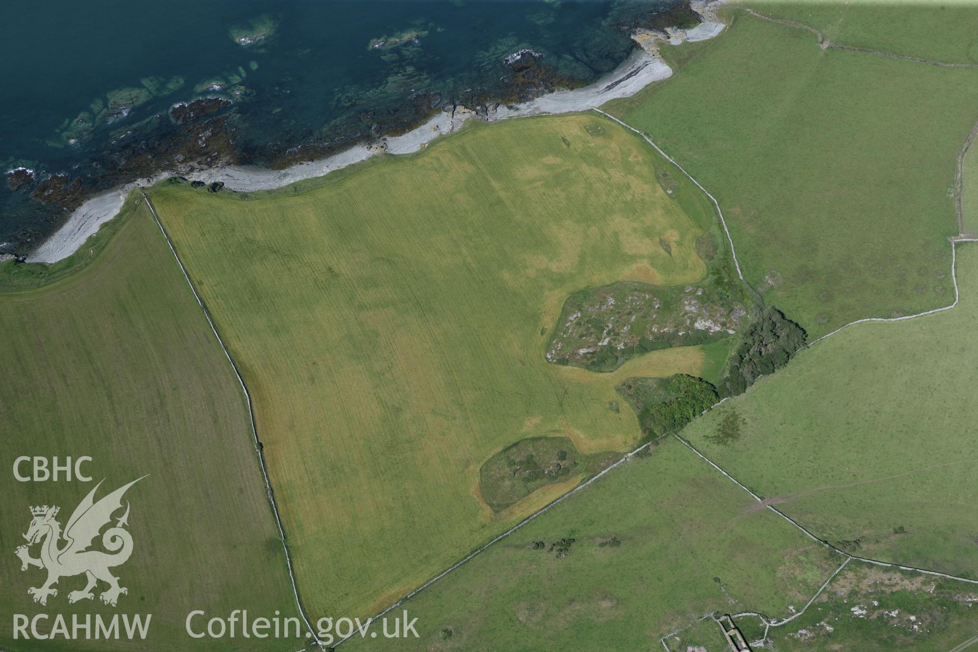 RCAHMW colour oblique photograph of Mynachdy (north-east of), non-archaeological cropmarks bordering Porth Tywodog. Taken by Toby Driver on 20/07/2011.