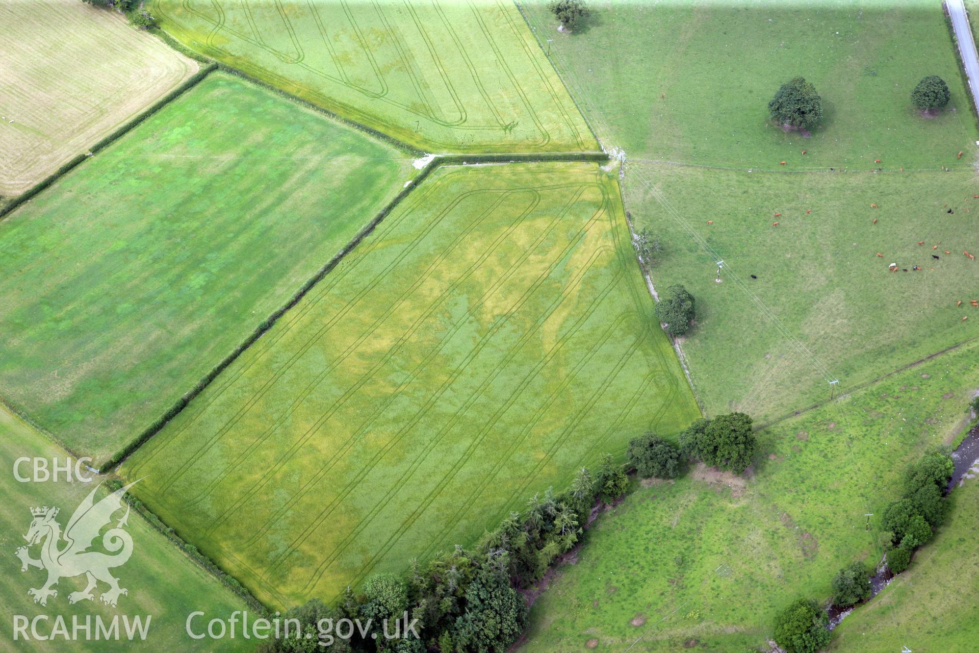 RCAHMW colour oblique photograph of Pennant farm cropmark. Taken by Toby Driver and Oliver Davies on 05/07/2011.