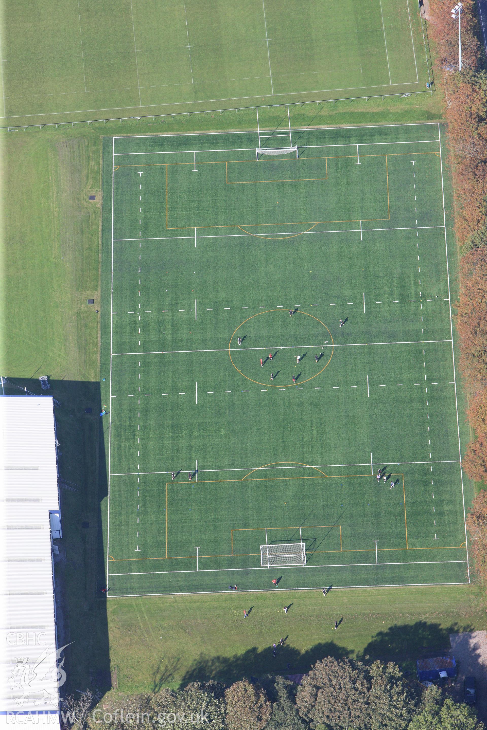 RCAHMW colour oblique photograph of playing field, Landarcy Acadamy of Sport. Taken by Toby Driver and Oliver Davies on 28/09/2011.