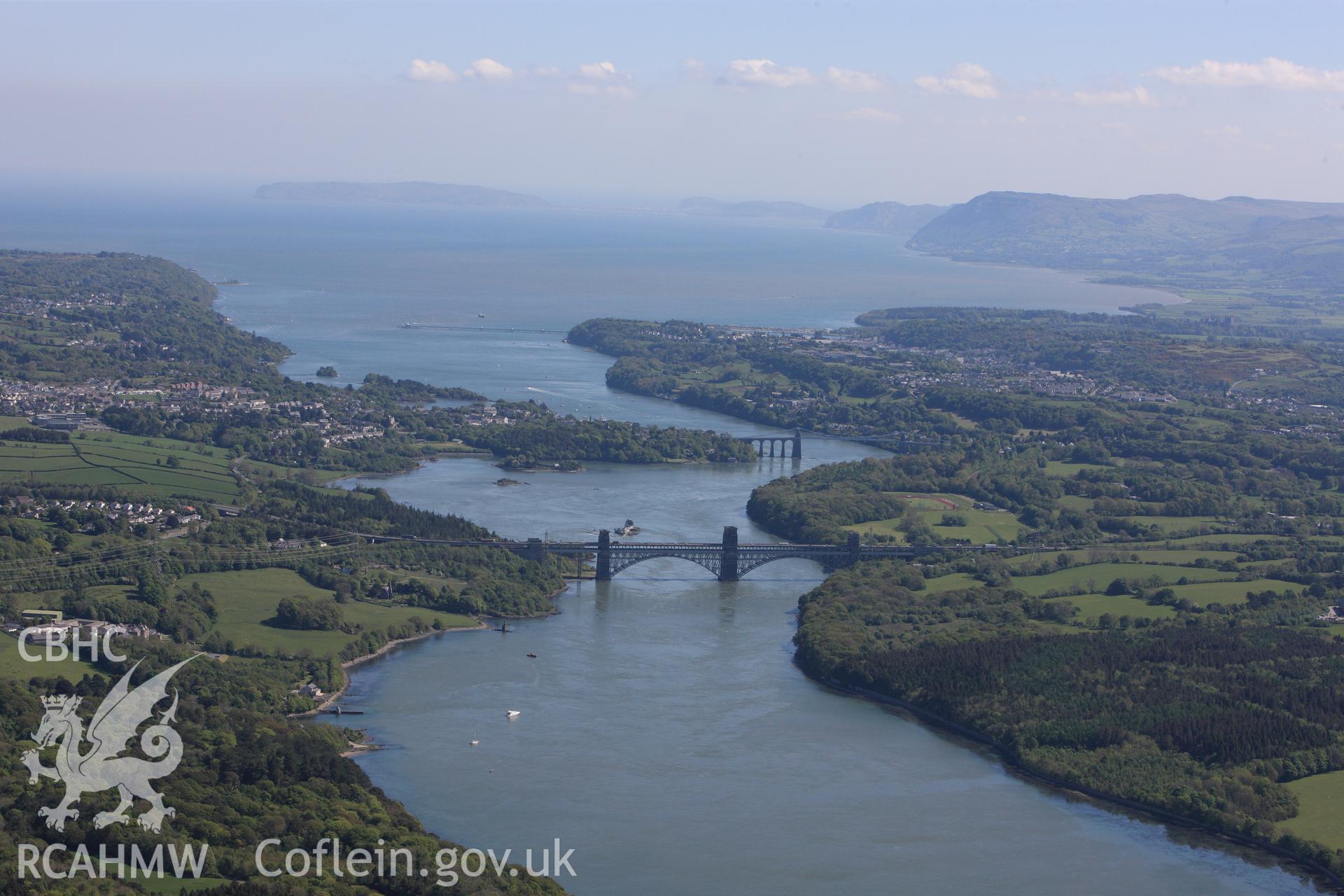 RCAHMW colour oblique photograph of Britannia Bridge, Menai Straits. Taken by Toby Driver on 03/05/2011.