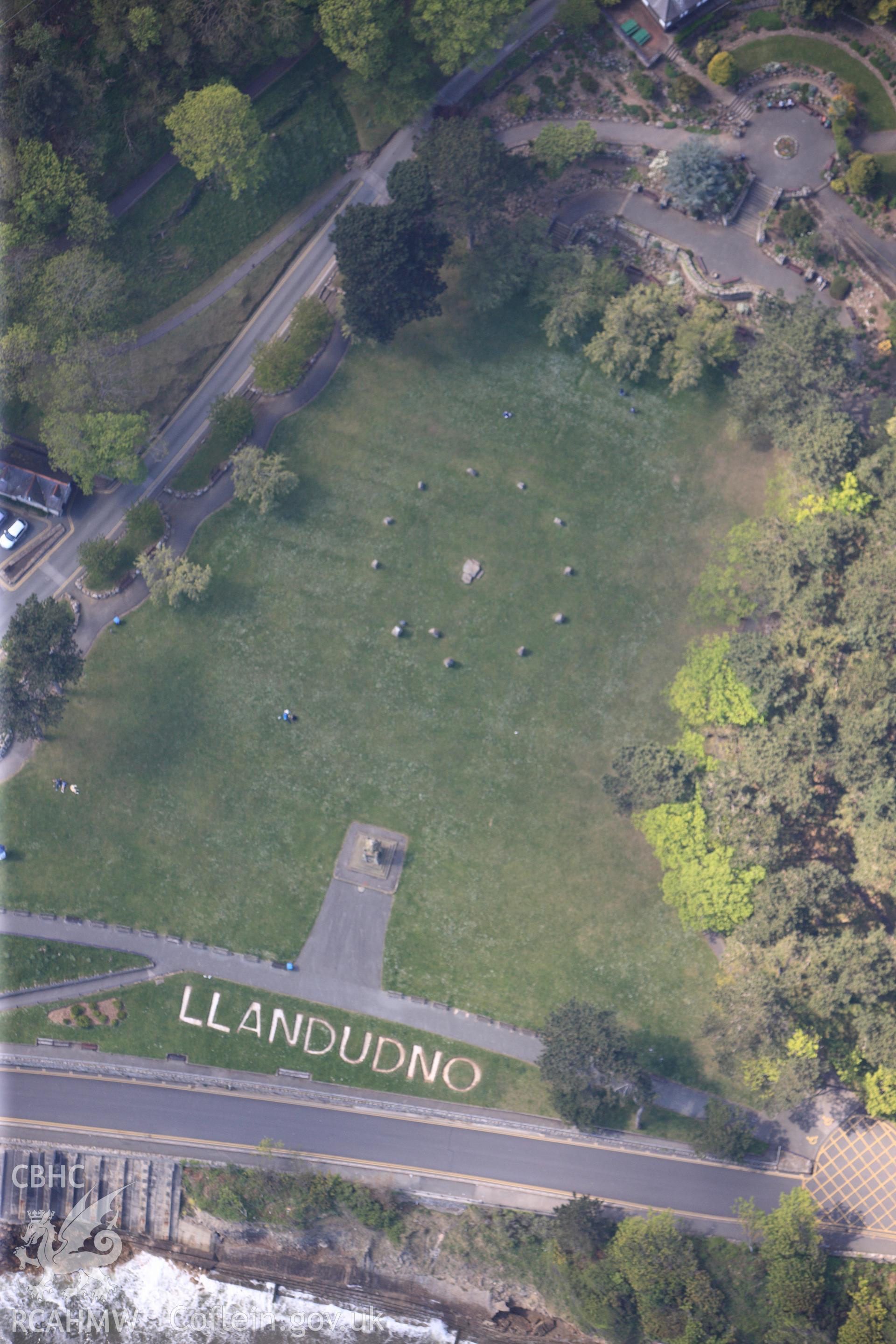 RCAHMW colour oblique photograph of Happy Valley Garden and Monument, Llandudno. Taken by Toby Driver on 03/05/2011.