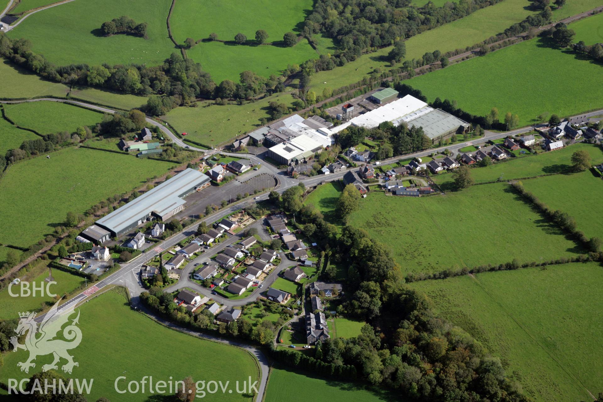 RCAHMW colour oblique photograph of Laura Ashley Factory, Carno. Taken by Oliver Davies on 29/09/2011.