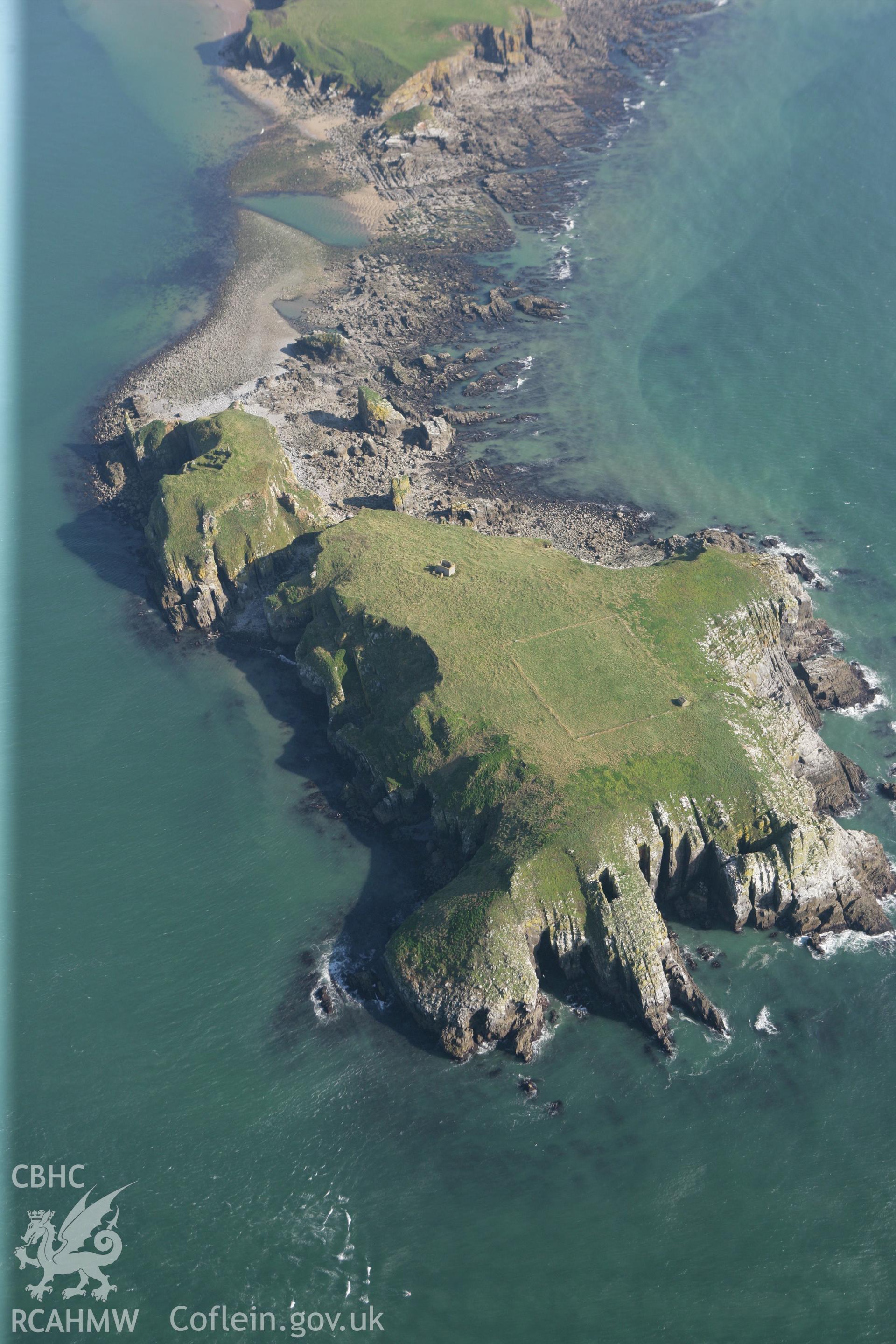 RCAHMW colour oblique photograph of monastic buildings and chapel ruins and Field Enclosure, St Margaret's Island. Taken by Toby Driver and Oliver Davies on 28/09/2011.