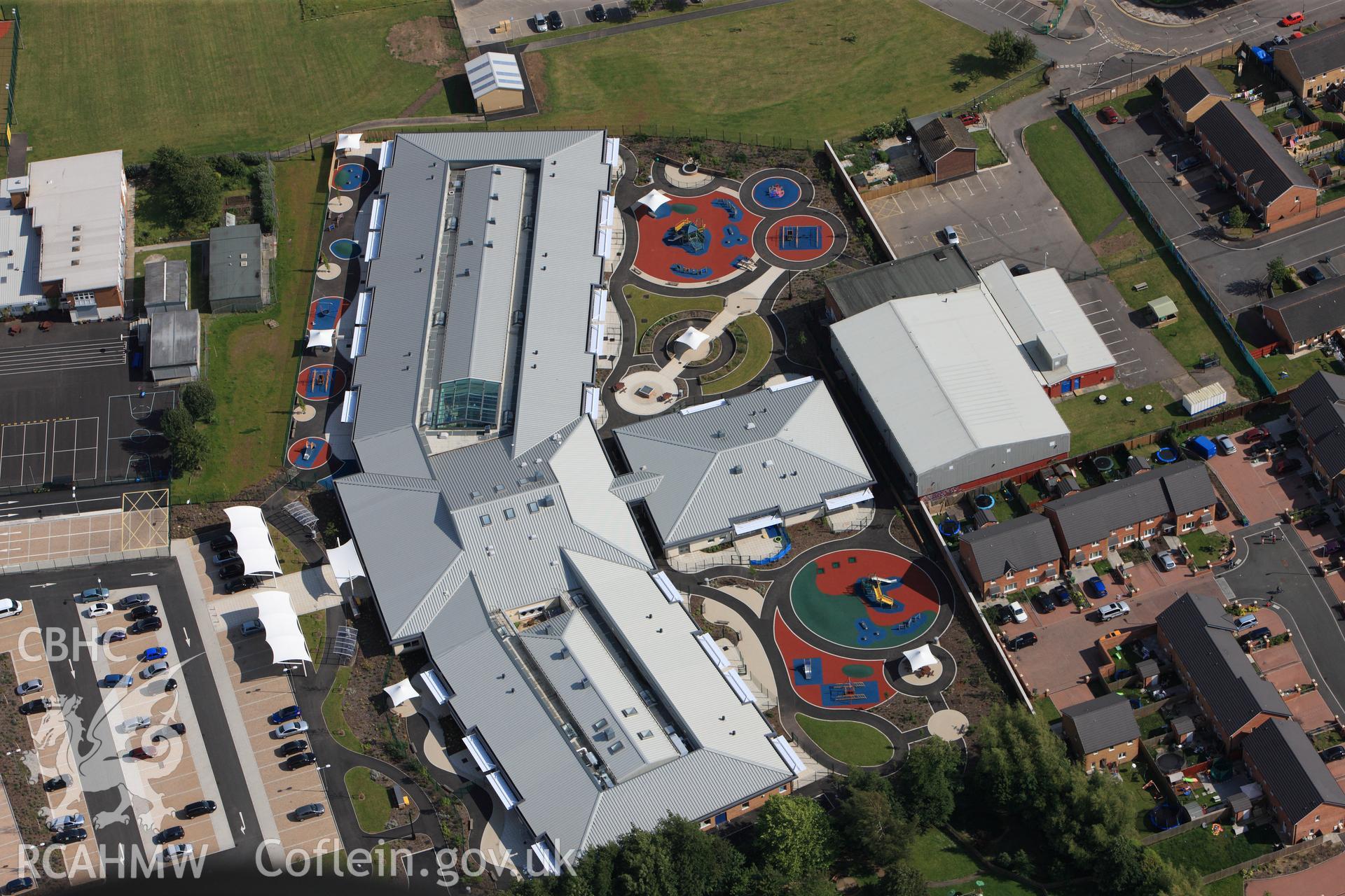 RCAHMW colour oblique photograph of Trelai Primary School, Caerau. Taken by Toby Driver on 13/06/2011.