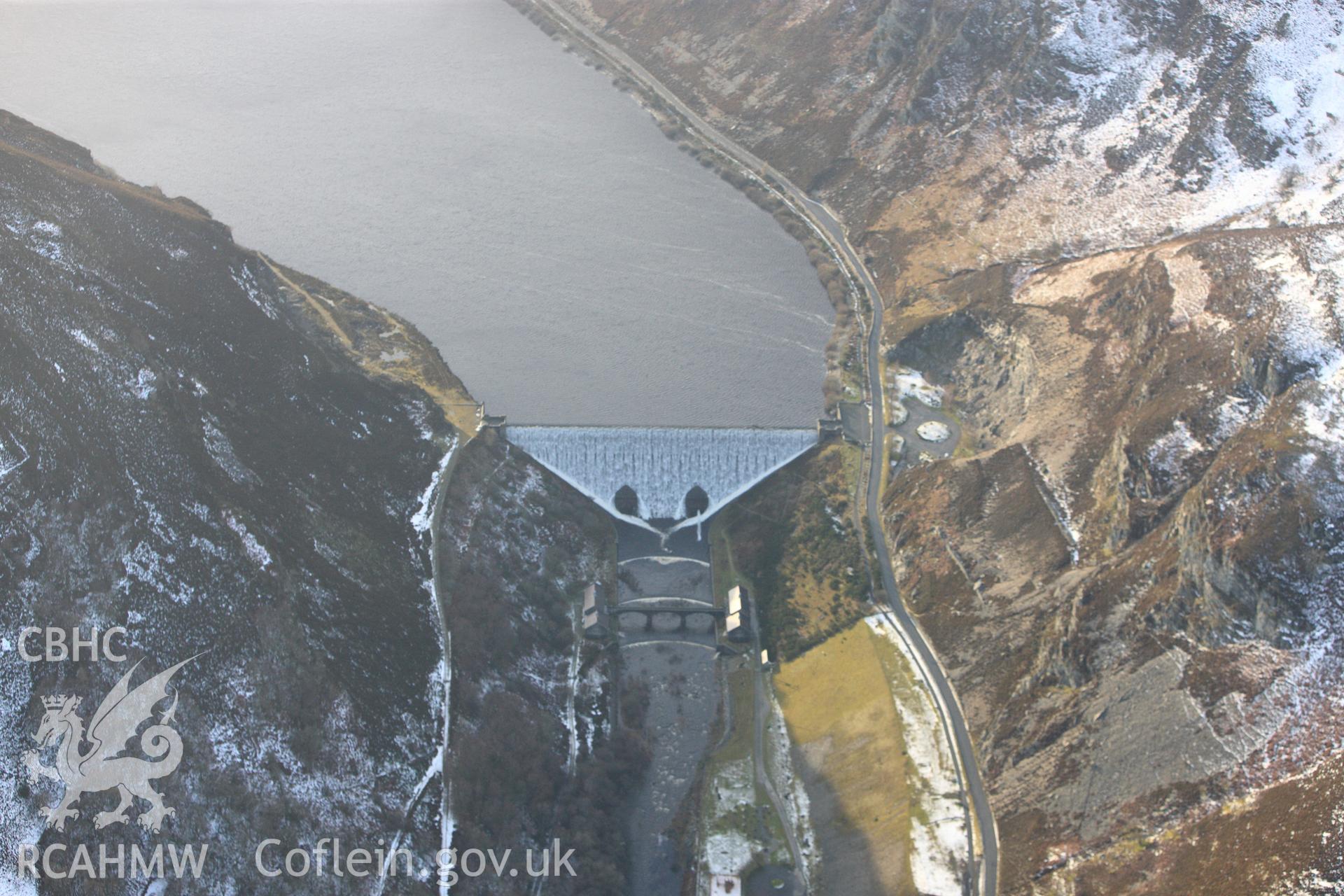 RCAHMW colour oblique photograph of Caban Coch dam, Elan Valley. Taken by Toby Driver on 18/12/2011.