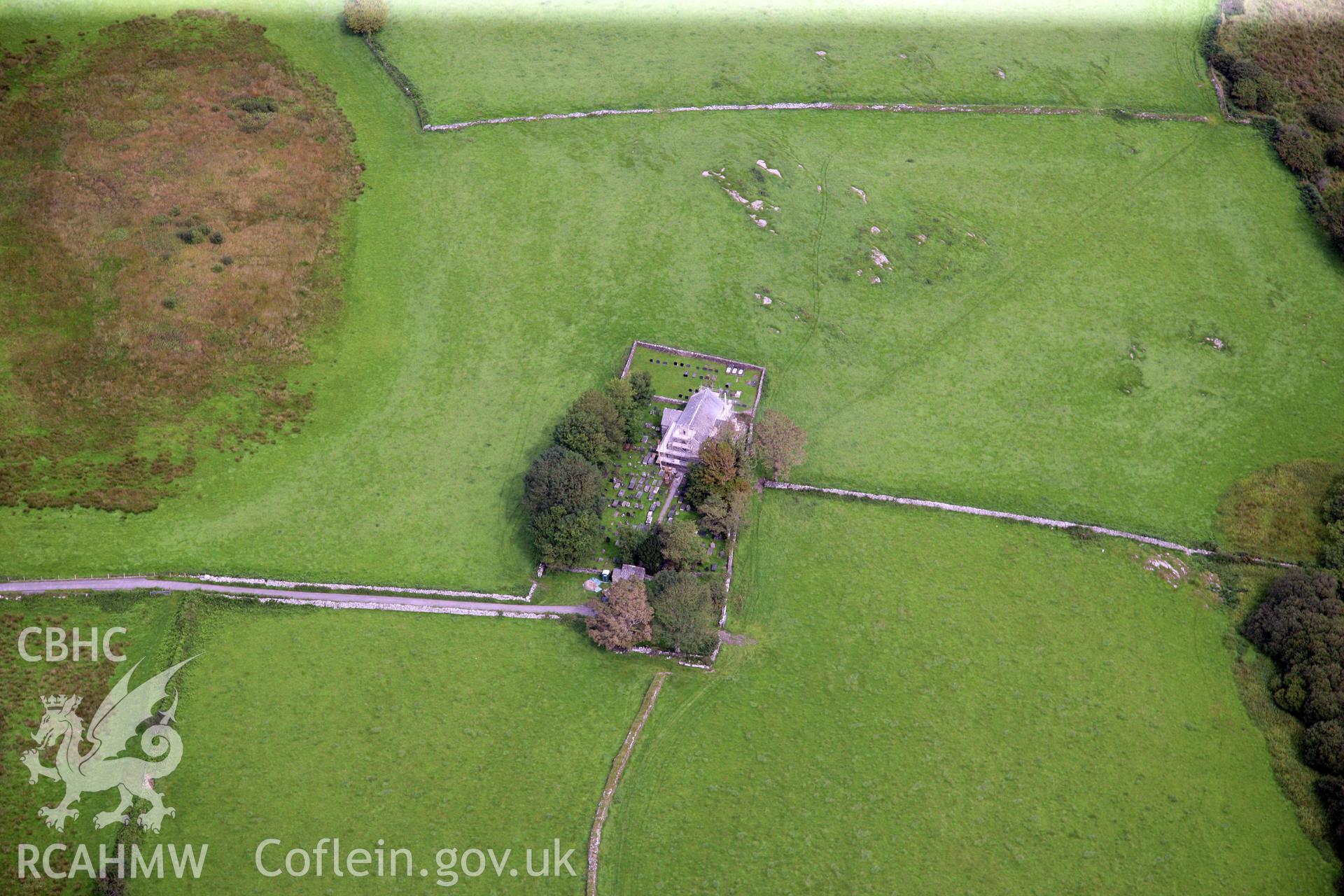 RCAHMW colour oblique photograph of St Cynhaiarn's Church, north-east of Criccieth. Taken by Toby Driver on 17/08/2011.
