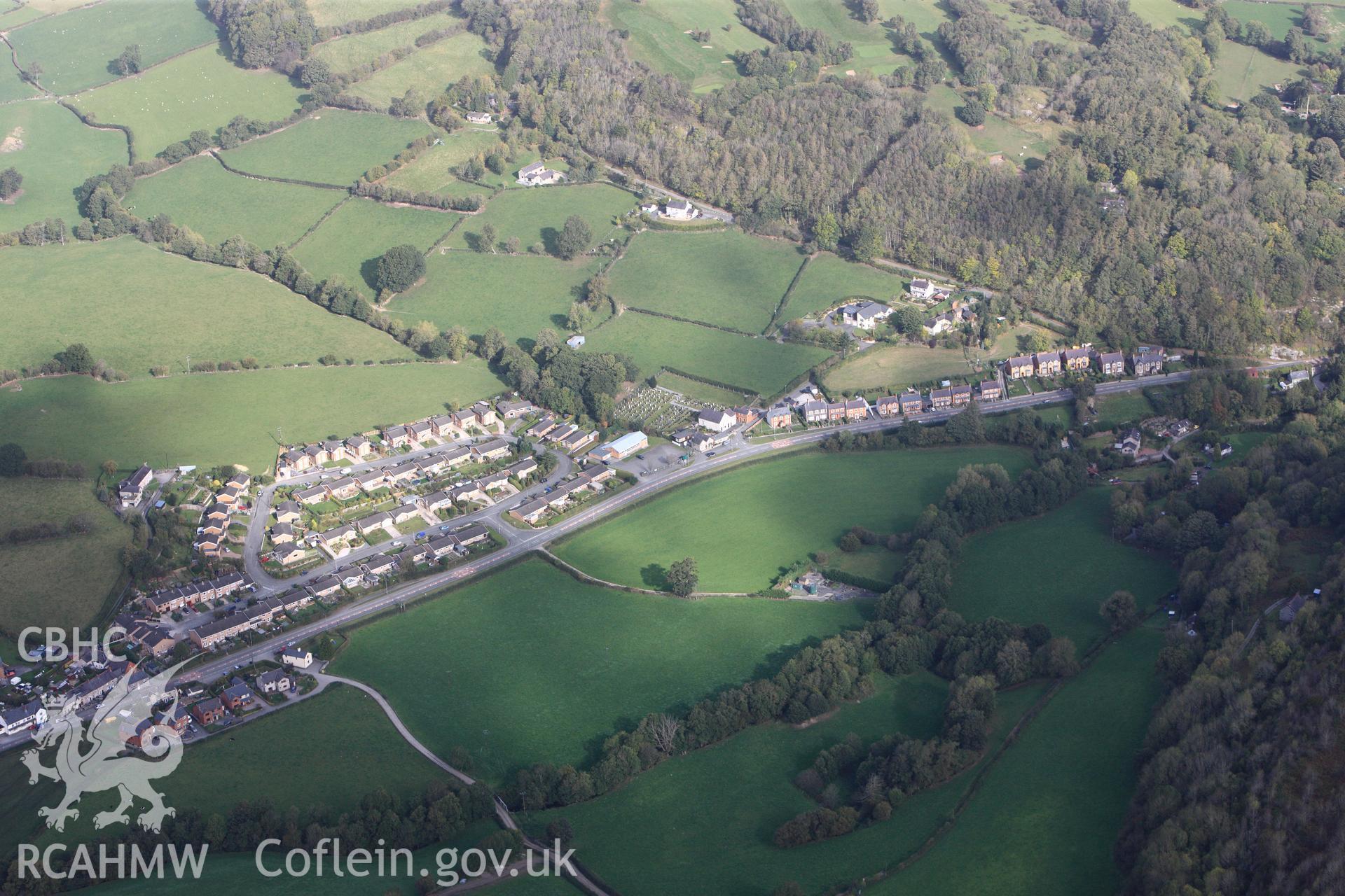 RCAHMW colour oblique photograph of Rhiw Welsh Calvinistic Methodist Chapel, Pwll-GlasBottom left Salem Welsh Independent Chapel, Pwll-Glas. Taken by Toby Driver on 04/10/2011.