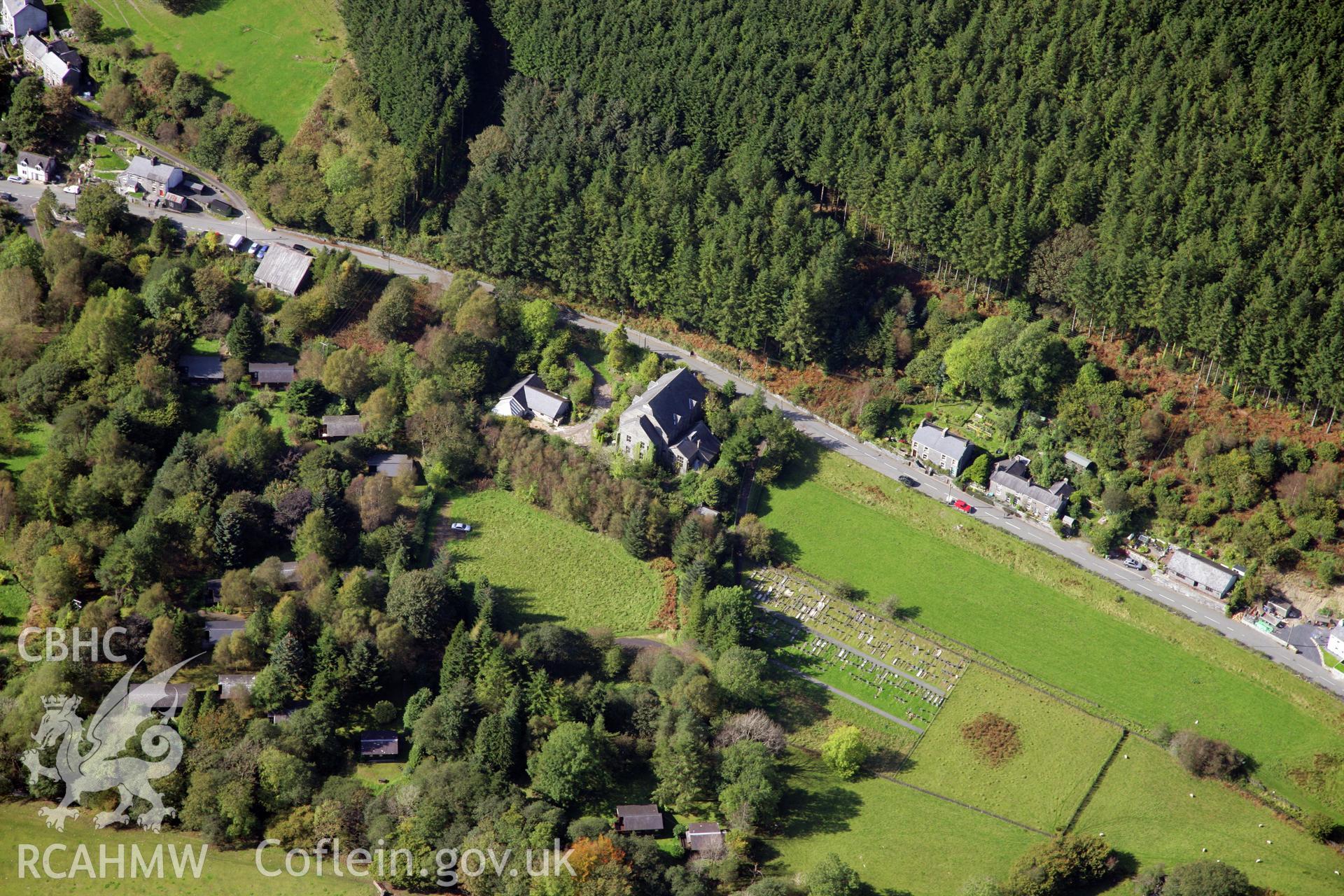 RCAHMW colour oblique photograph of Rehoboth Chapel (Calvanistic Methodist), Corris. Taken by Oliver Davies on 29/09/2011.