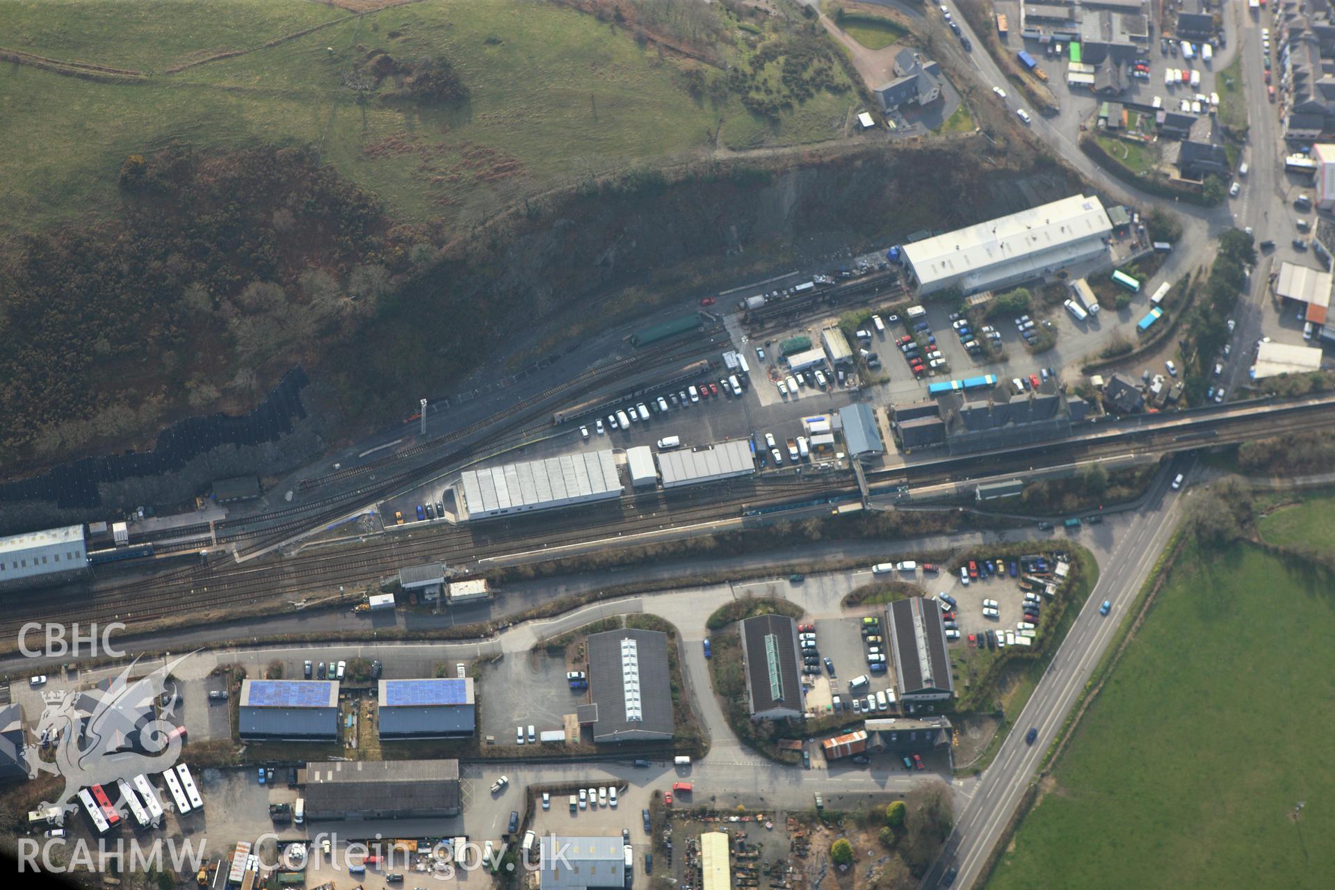 RCAHMW colour oblique photograph of Machynlleth Cambrian Railway Station. Taken by Toby Driver on 25/03/2011.