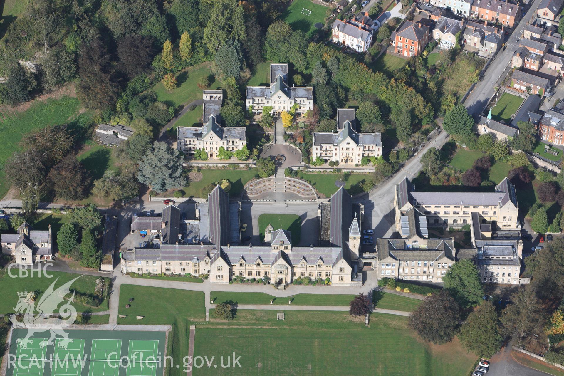 RCAHMW colour oblique photograph of Howell's School, Peake's Lane, Denbigh. Taken by Toby Driver on 04/10/2011.