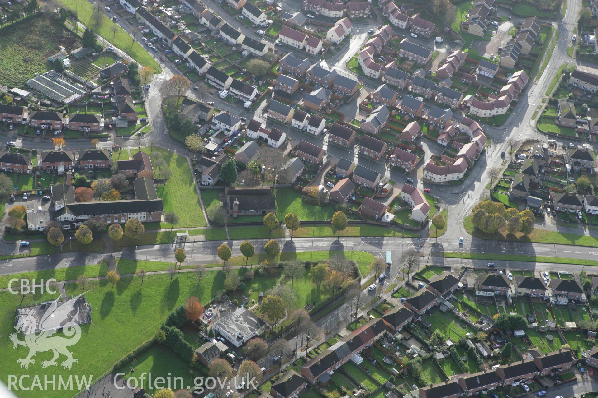 RCAHMW colour oblique photograph of Caerau Infant School, now Ysgol Gymraeg Nant Caerau. Taken by Toby Driver on 17/11/2011.