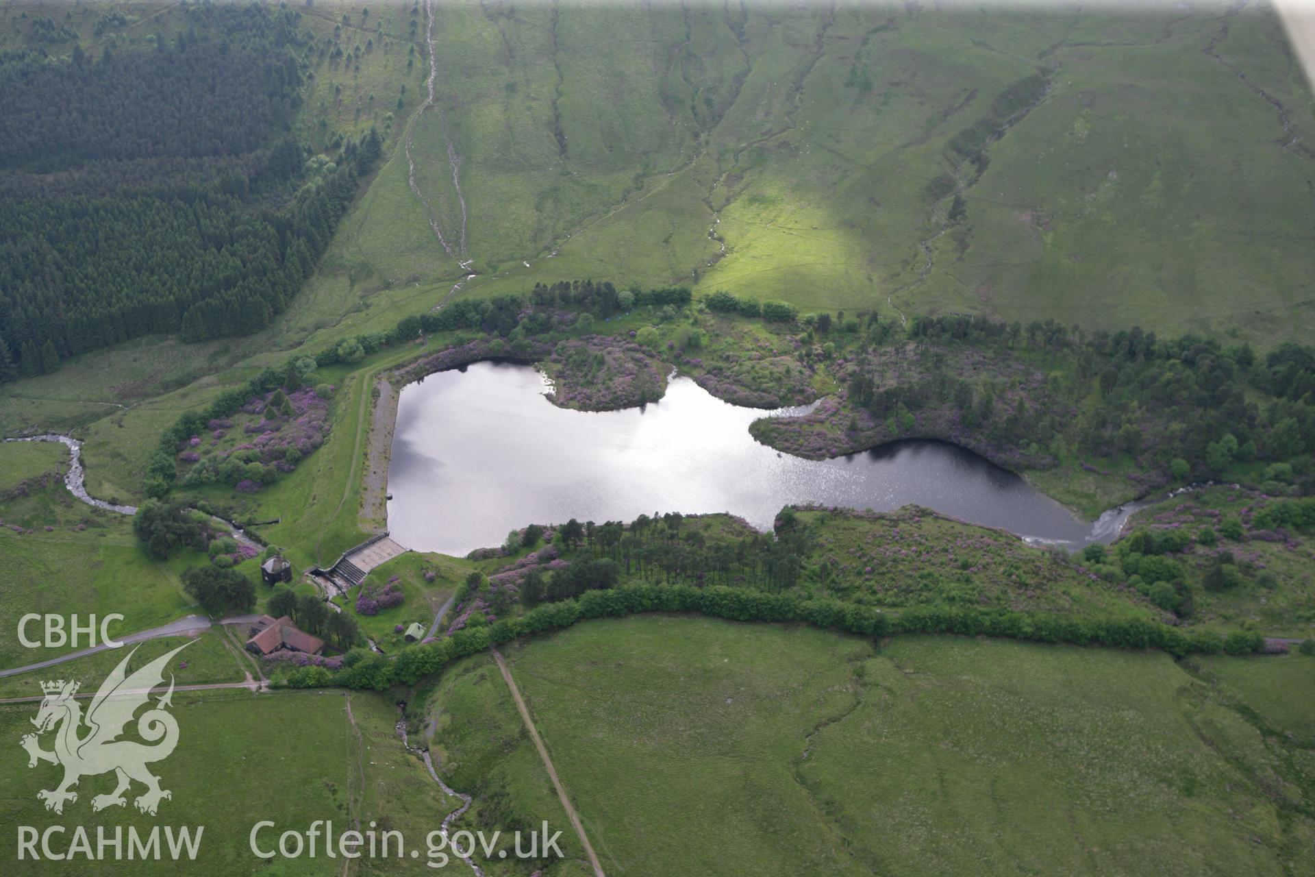 RCAHMW colour oblique photograph of Upper Neuadd reservoir, Taff Fechan. Taken by Toby Driver on 13/06/2011.