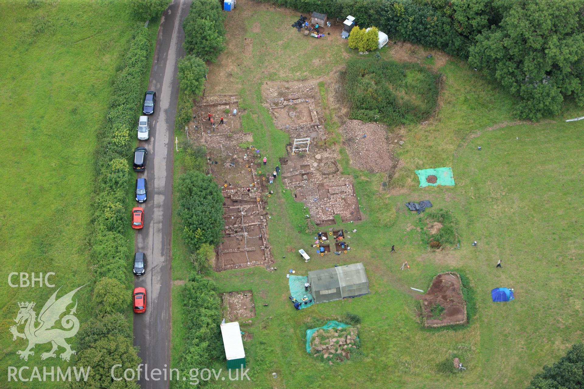 RCAHMW colour oblique photograph of Trellech shrunken medieval village, excavations. Taken by Toby Driver on 20/07/2011.
