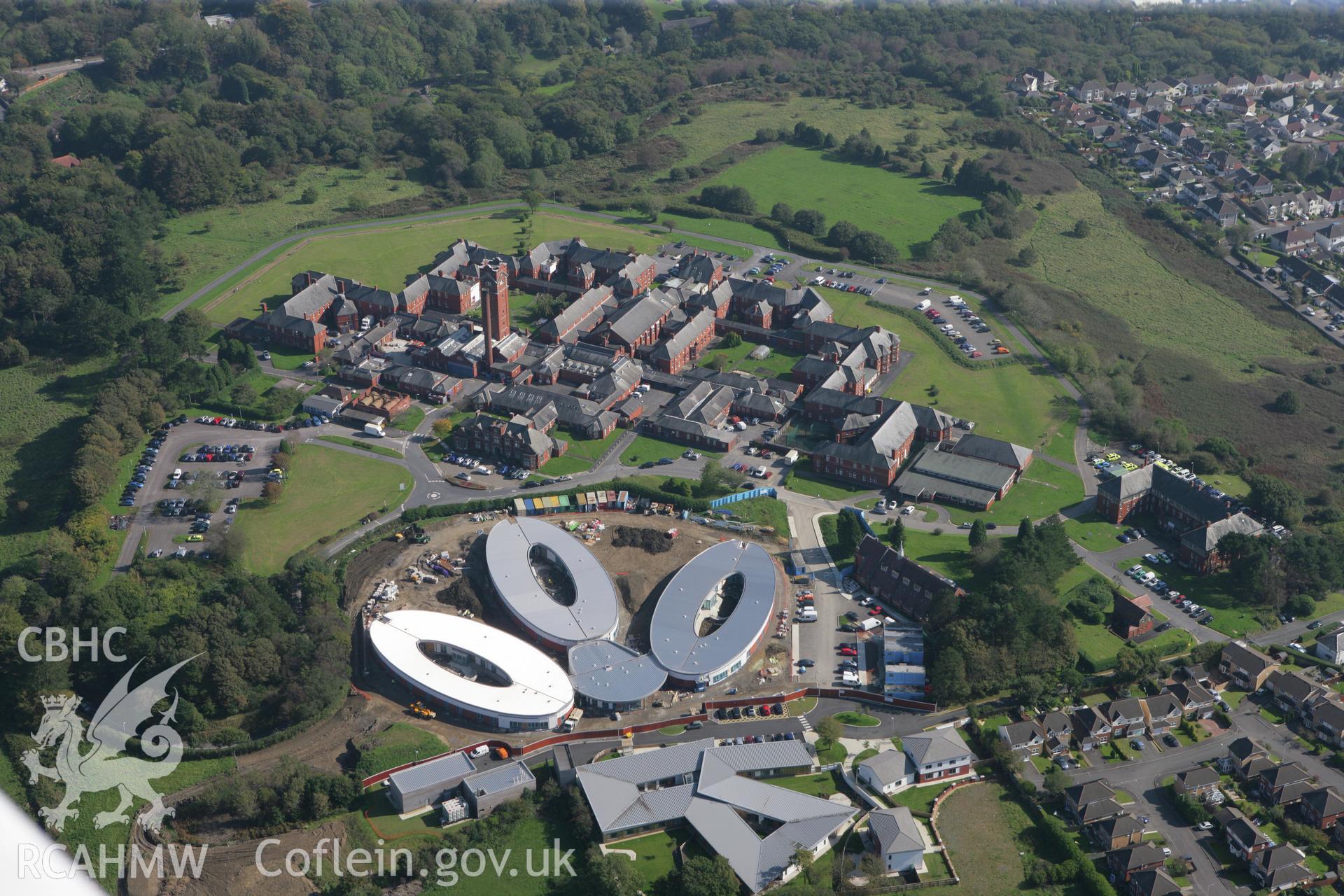 RCAHMW colour oblique photograph of Cefn Coed Hospital with new dementia unit. Taken by Toby Driver and Oliver Davies on 28/09/2011.
