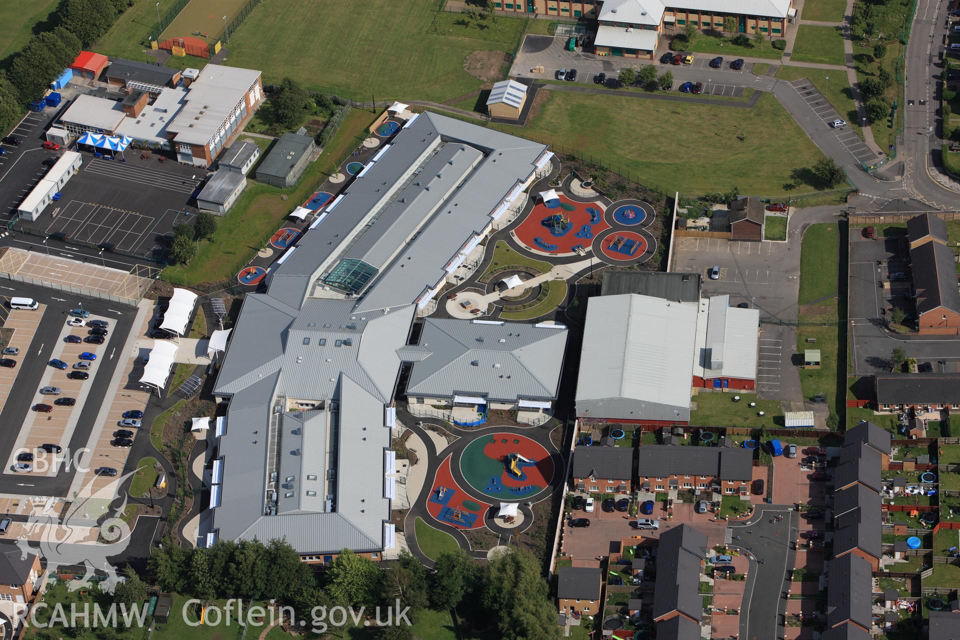 RCAHMW colour oblique photograph of Trelai Primary School, Caerau. Taken by Toby Driver on 13/06/2011.