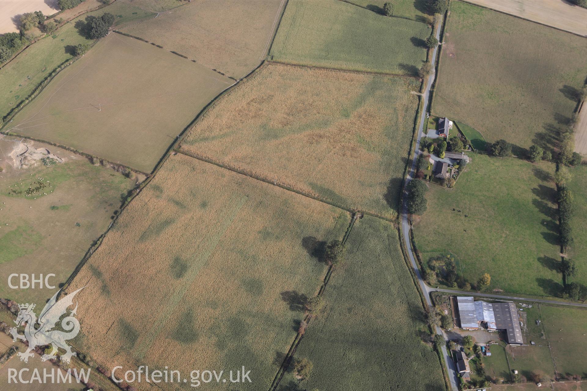 RCAHMW colour oblique photograph of Four Crosses Crop Mark Complex. Taken by Toby Driver on 04/10/2011.