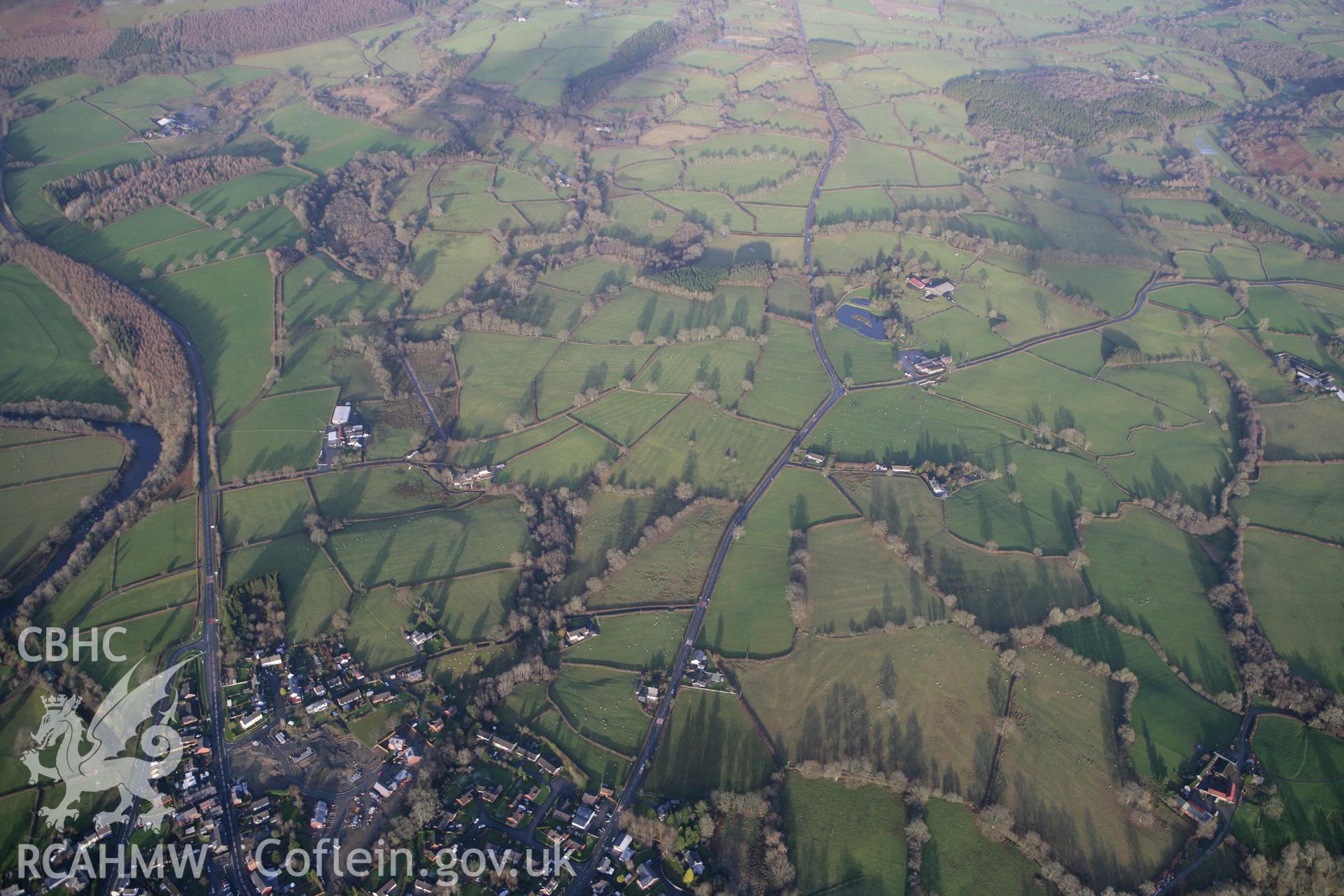 RCAHMW colour oblique photograph of Newbridge on Wye, winter landscape looking north-east over Bryn Derwen farm. Taken by Toby Driver on 18/12/2011.
