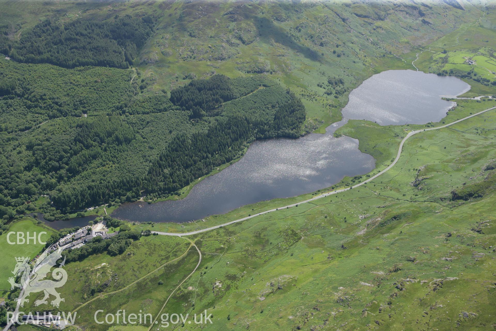 RCAHMW colour oblique photograph of Llynnau Mymbyr, and Plas y Brenin (to left). Taken by Toby Driver on 20/07/2011.