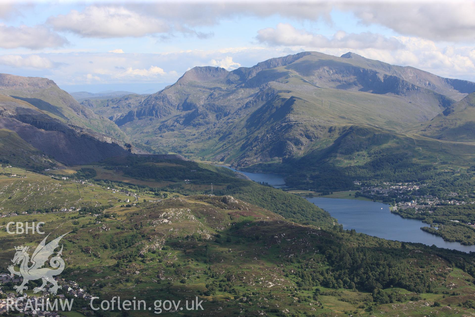 RCAHMW colour oblique photograph of Llanberis, Llyn Padarn and Snowdon. Landscape from the north-west. Taken by Toby Driver on 20/07/2011.