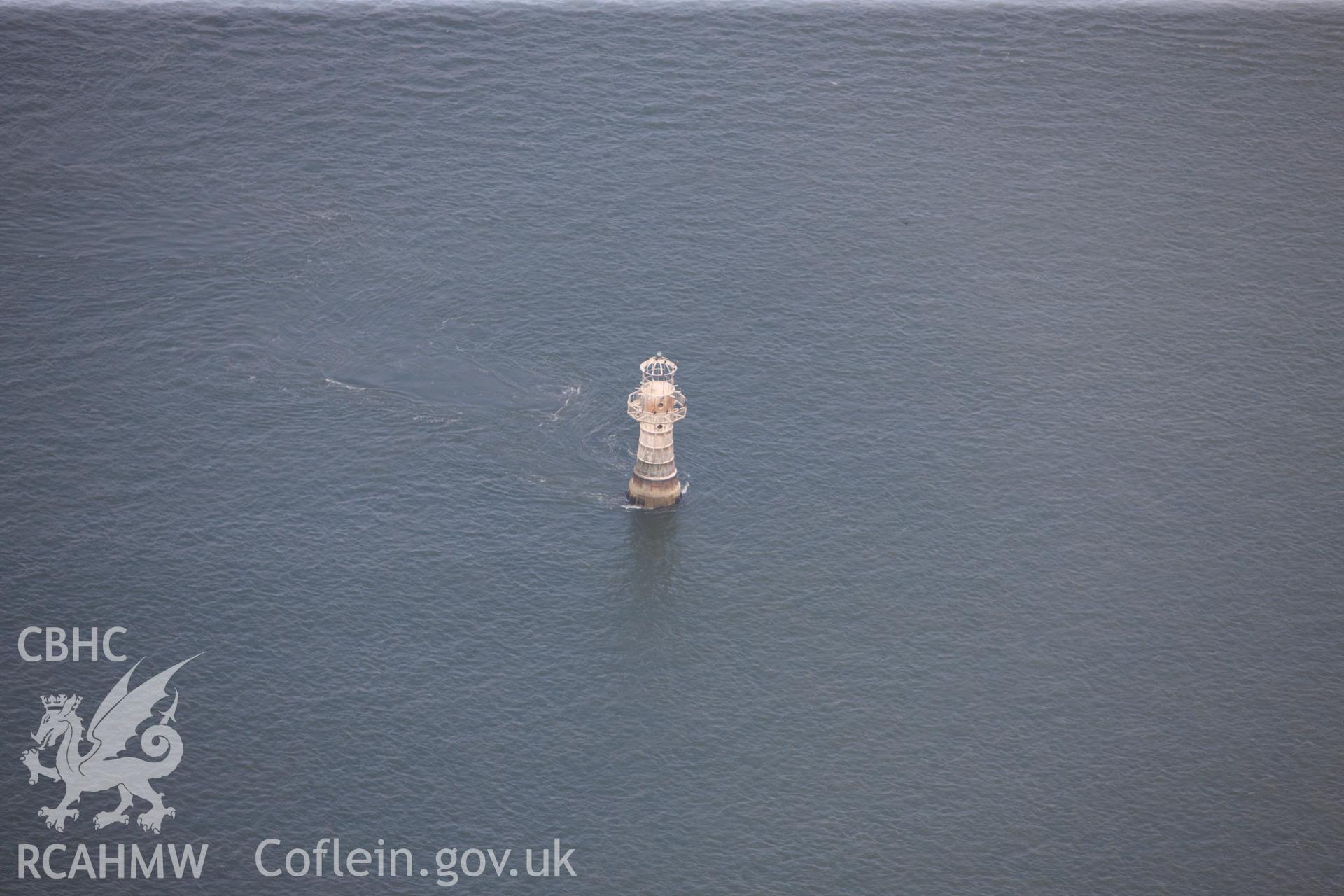 RCAHMW colour oblique photograph of Whitford Point lighthouse. Taken by Toby Driver and Oliver Davies on 04/05/2011.