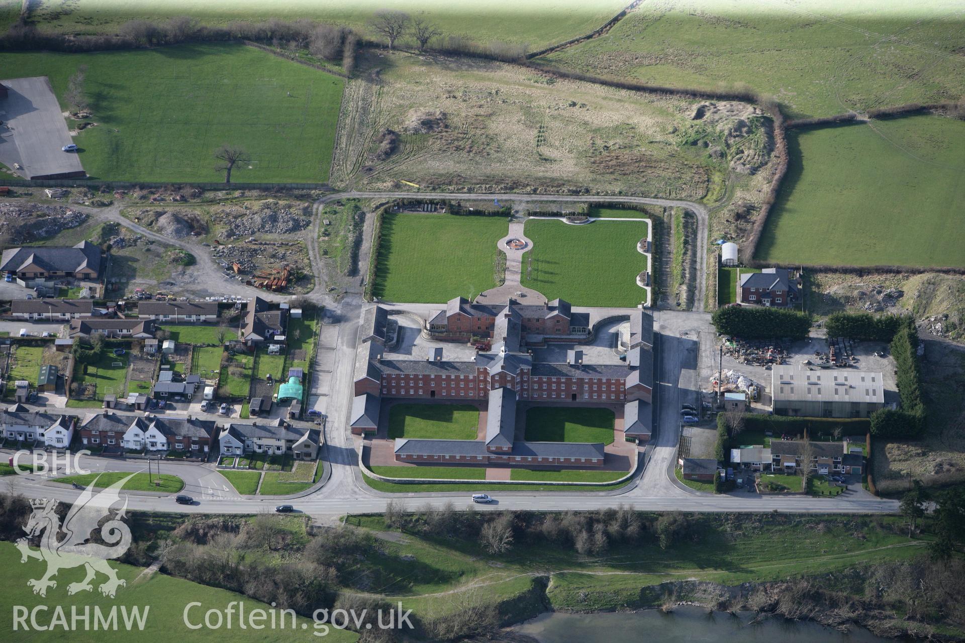RCAHMW colour oblique photograph of Union Workhouse, Caersws. Taken by Toby Driver on 22/03/2011.