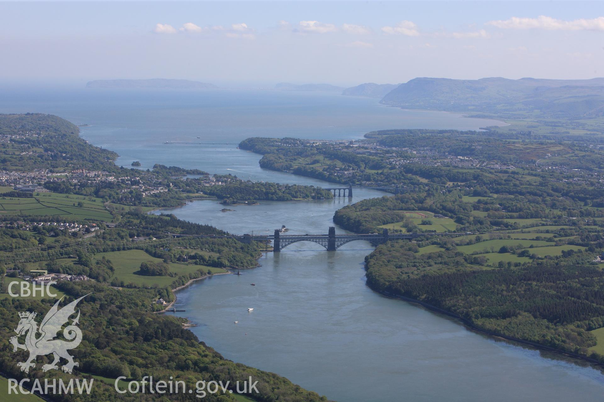 RCAHMW colour oblique photograph of Britannia Bridge, Menai Straits. Taken by Toby Driver on 03/05/2011.