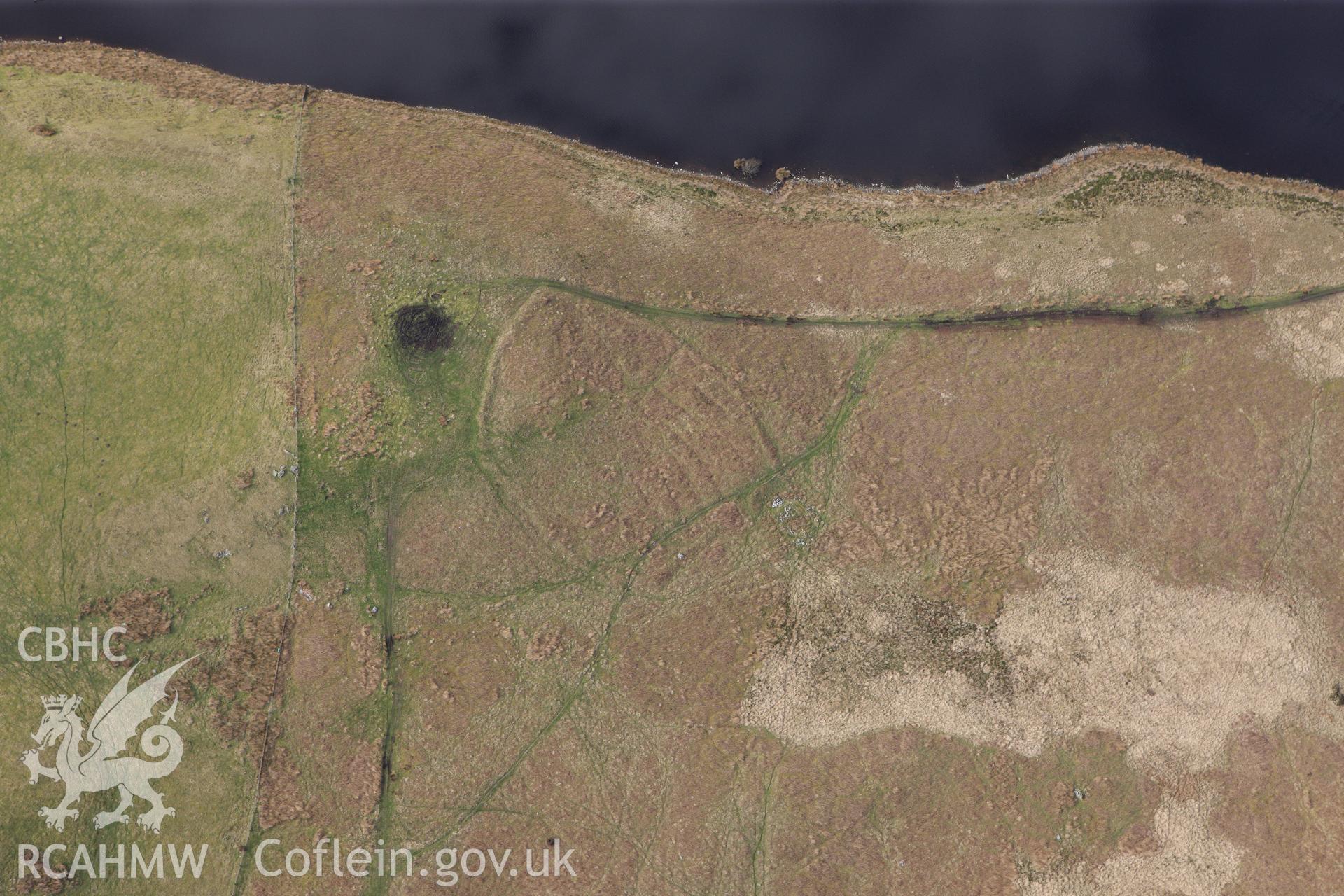 RCAHMW colour oblique photograph of Deserted rural settlement to south of Llyn Tawr. Taken by Toby Driver on 22/03/2011.