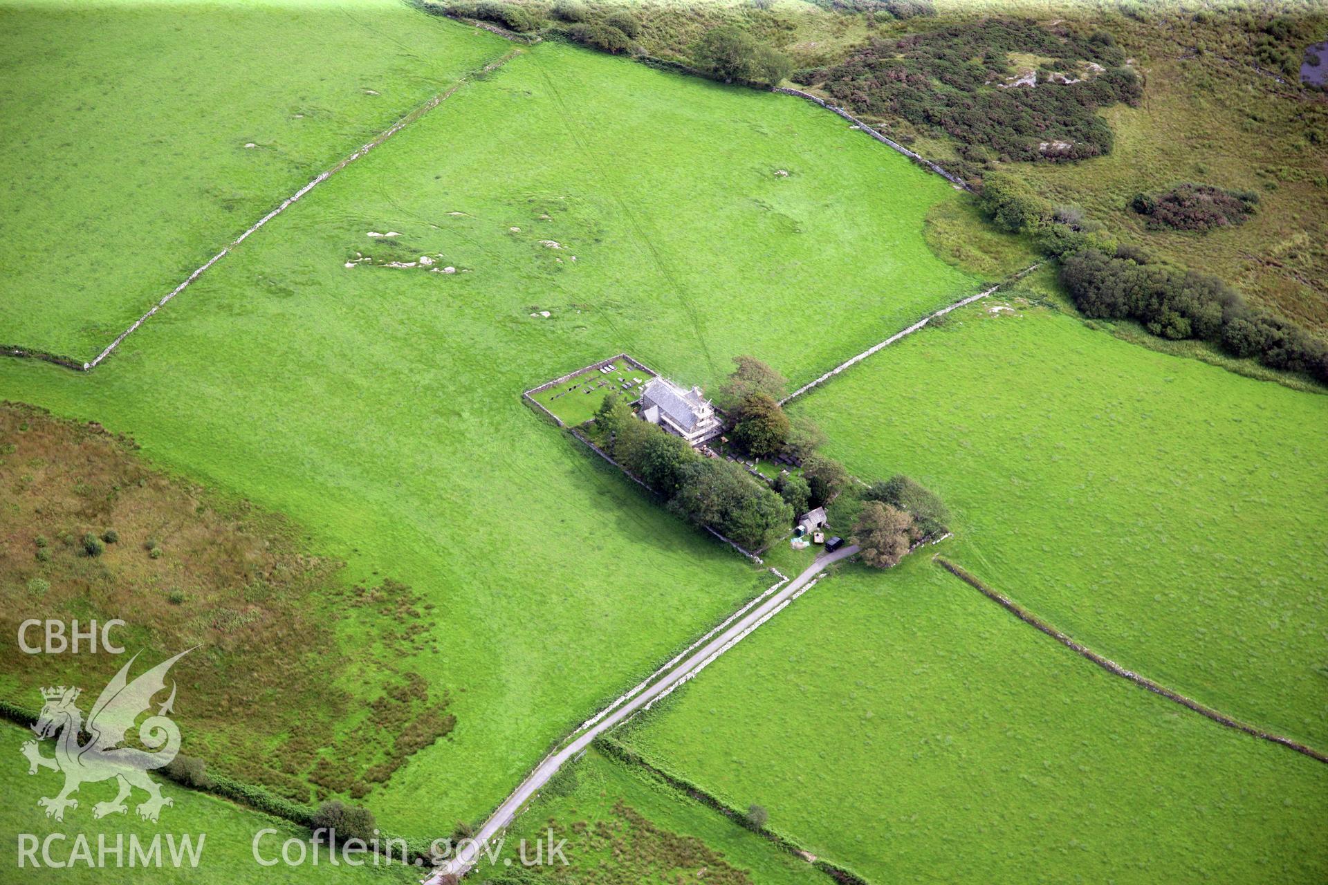 RCAHMW colour oblique photograph of St Cynhaiarn's Church, north-east of Criccieth. Taken by Toby Driver on 17/08/2011.