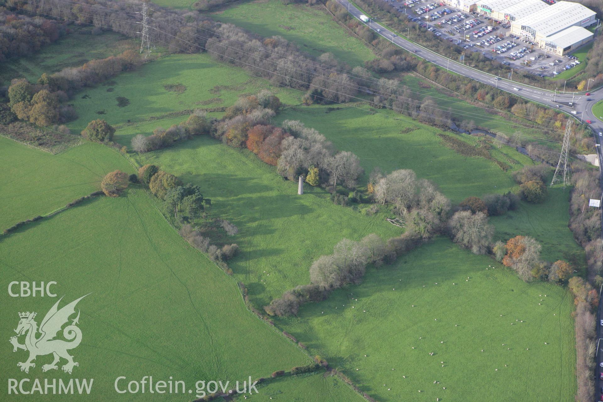 RCAHMW colour oblique photograph of disused chimney, north-west of Cefn Parc Farm. Taken by Toby Driver on 17/11/2011.