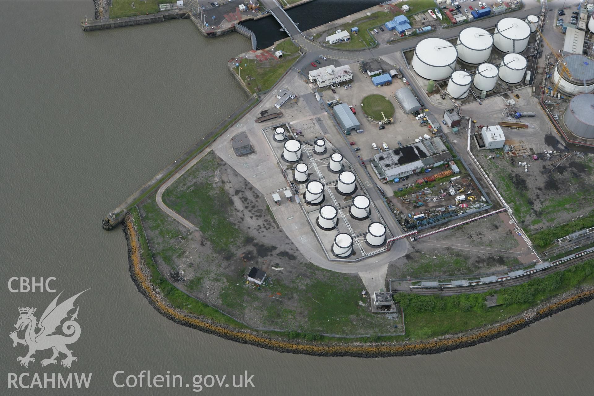 RCAHMW colour oblique photograph of Gun emplacement, Queen Alexandra Dock. Taken by Toby Driver on 13/06/2011.