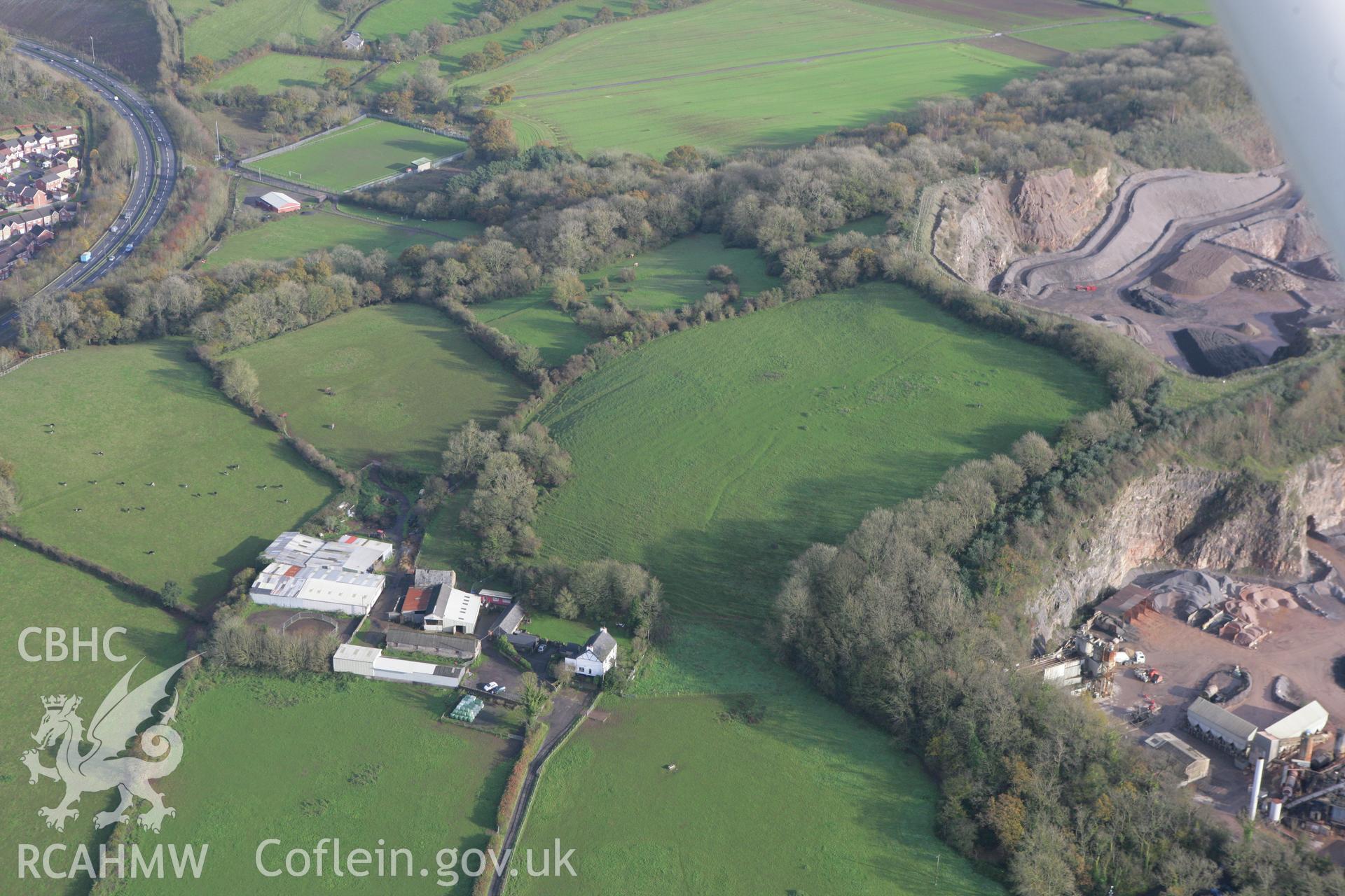 RCAHMW colour oblique photograph of Balas Barn, with Wenvoe Quarry. Taken by Toby Driver on 17/11/2011.
