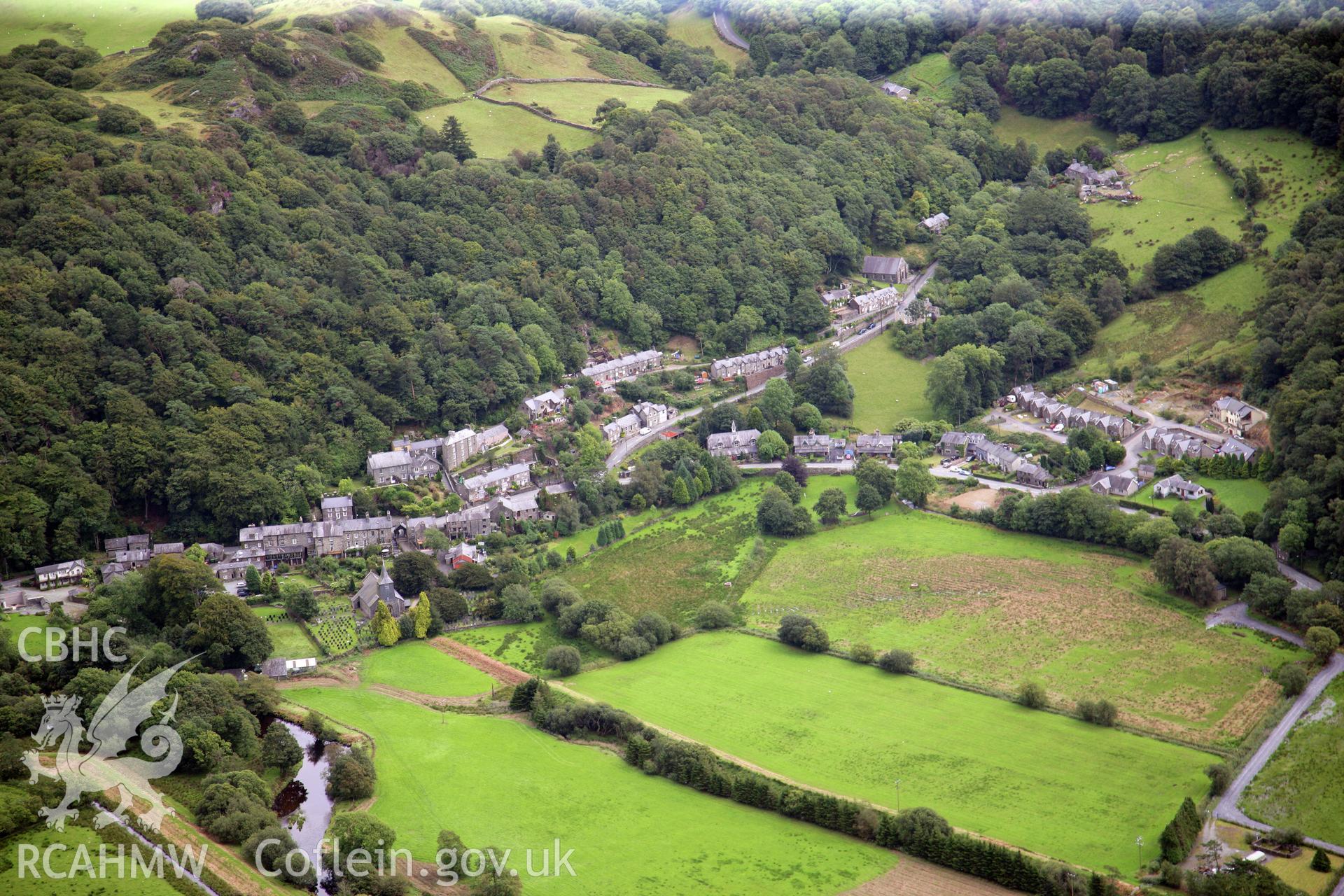 RCAHMW colour oblique photograph of Maentwrog, with St Twrog's Church. Taken by Toby Driver on 17/08/2011.