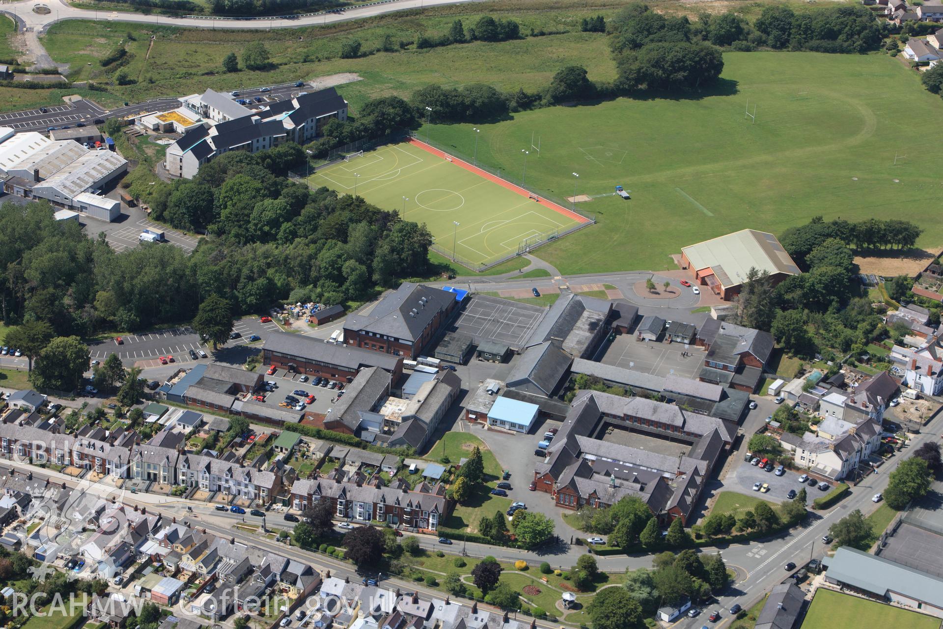 RCAHMW colour oblique photograph of Cardigan Secondary School. Taken by Toby Driver and Oliver Davies on 28/06/2011.