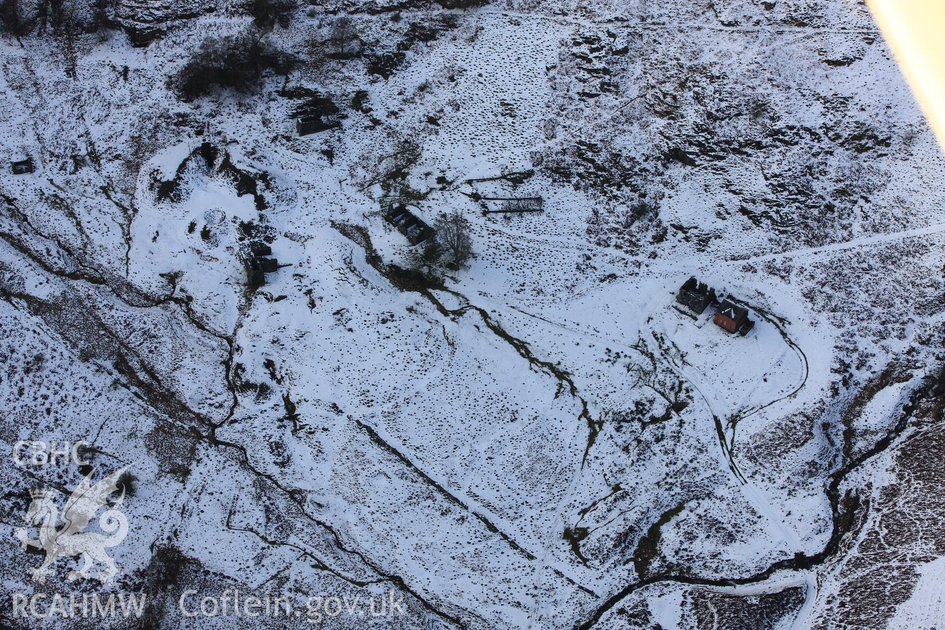 RCAHMW colour oblique photograph of Cwm Elan mine, under snow. Taken by Toby Driver on 18/12/2011.