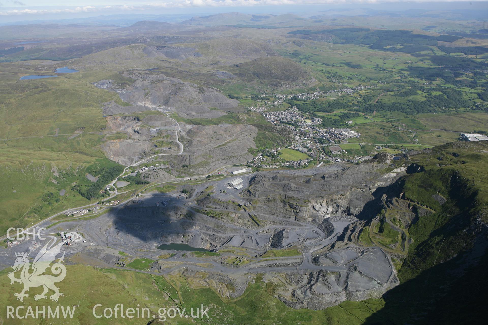 RCAHMW colour oblique photograph of Oakeley Slate Quarry, landscape view to Blaenau Ffestiniog. Taken by Toby Driver on 20/07/2011.