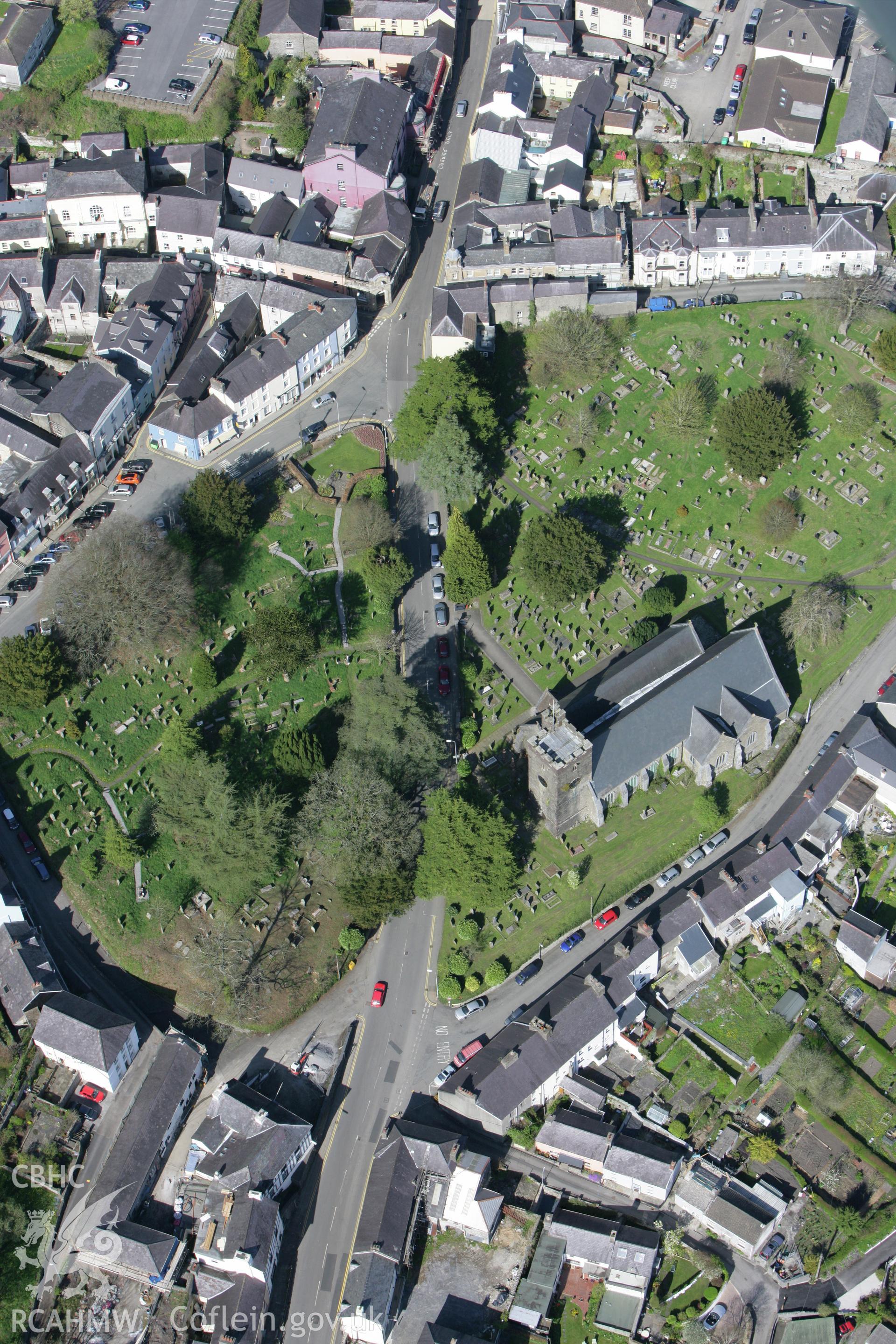 RCAHMW colour oblique photograph of St Teilo's Church, Llandeilo. Taken by Toby Driver on 08/04/2011.