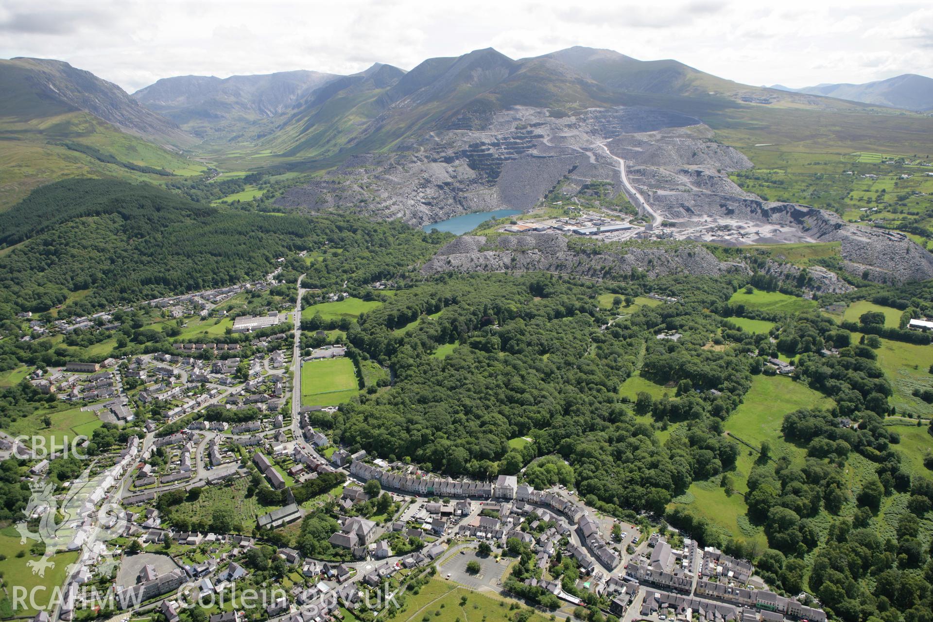 RCAHMW colour oblique photograph of Bethesda, town, landscape south to Penrhyn Quarry. Taken by Toby Driver on 20/07/2011.