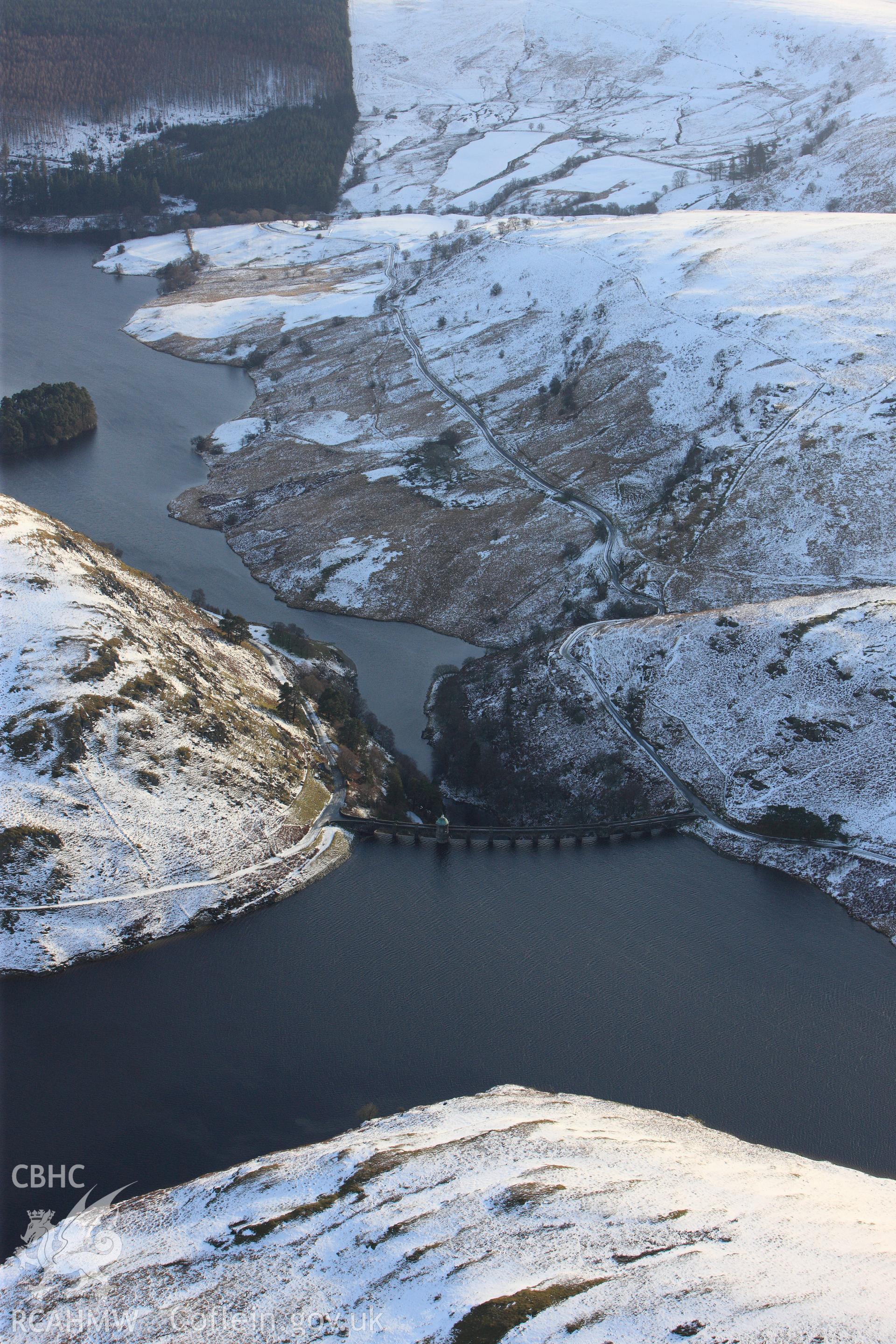 RCAHMW colour oblique photograph of Craig Goch Dam, view from north-west. Taken by Toby Driver on 18/12/2011.
