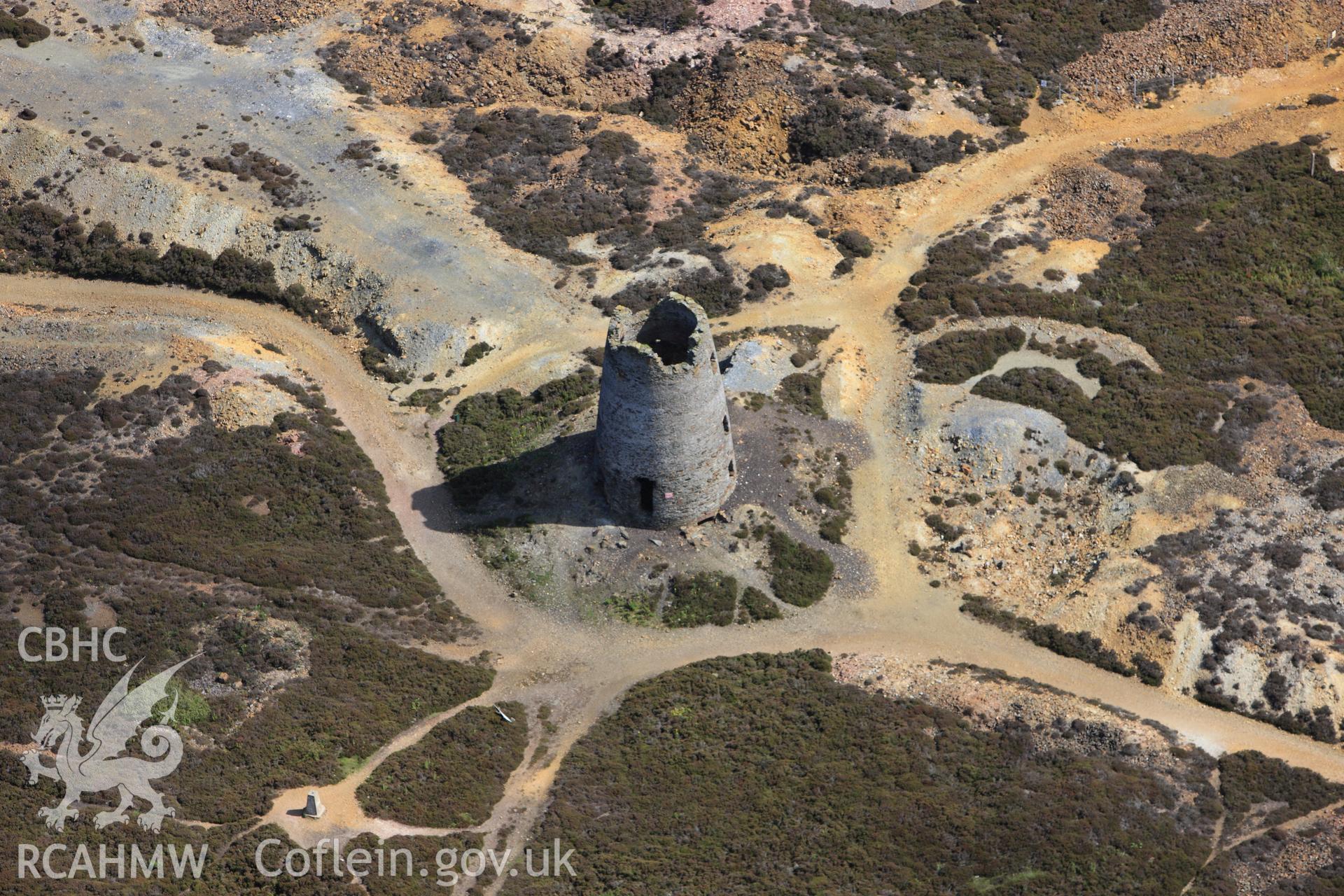 RCAHMW colour oblique photograph of Parys Mountain Copper Mines, pumping windmill. Taken by Toby Driver on 20/07/2011.