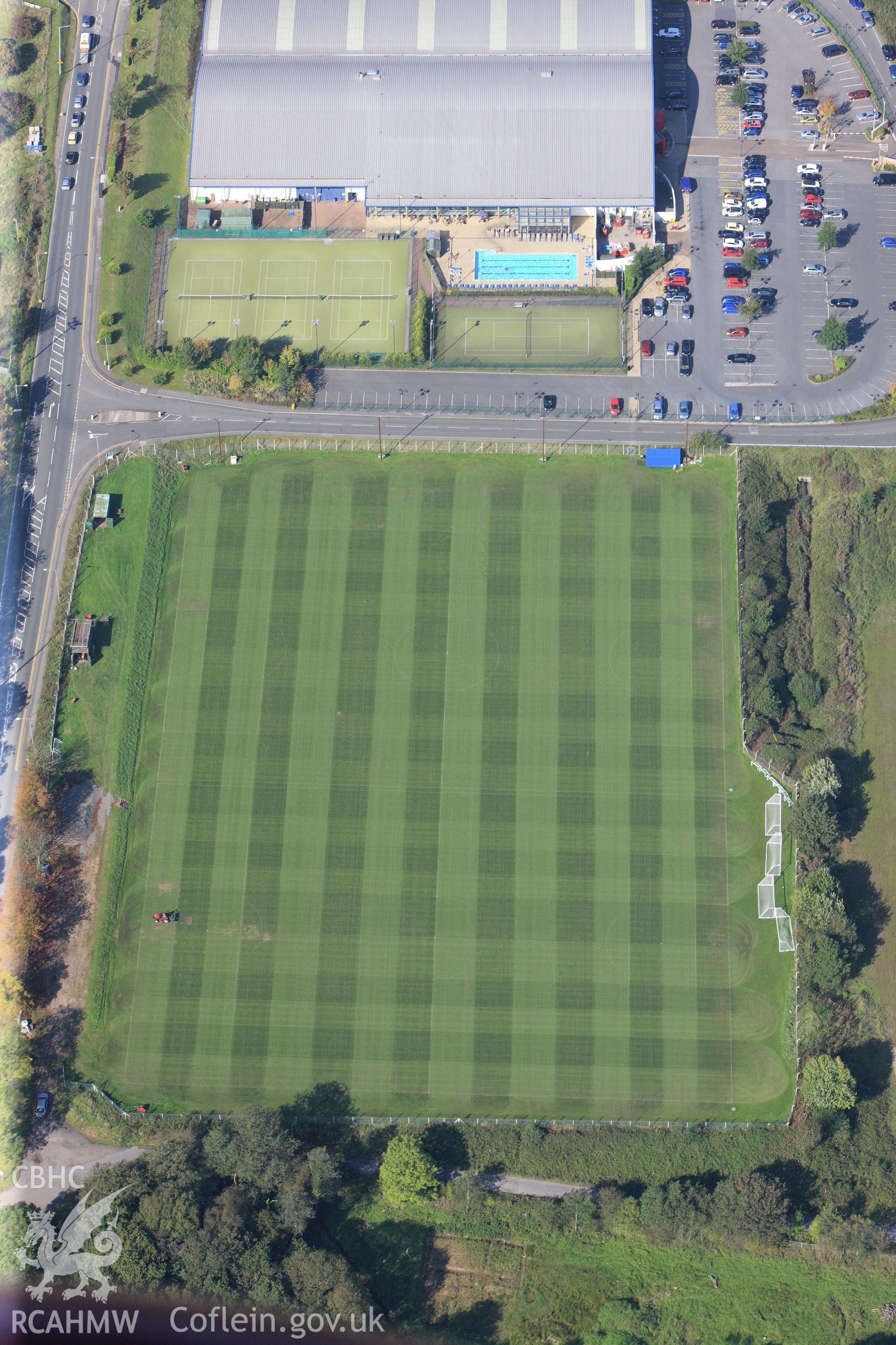 RCAHMW colour oblique photograph of playing field, Landarcy Acadamy of Sport. Taken by Toby Driver and Oliver Davies on 28/09/2011.