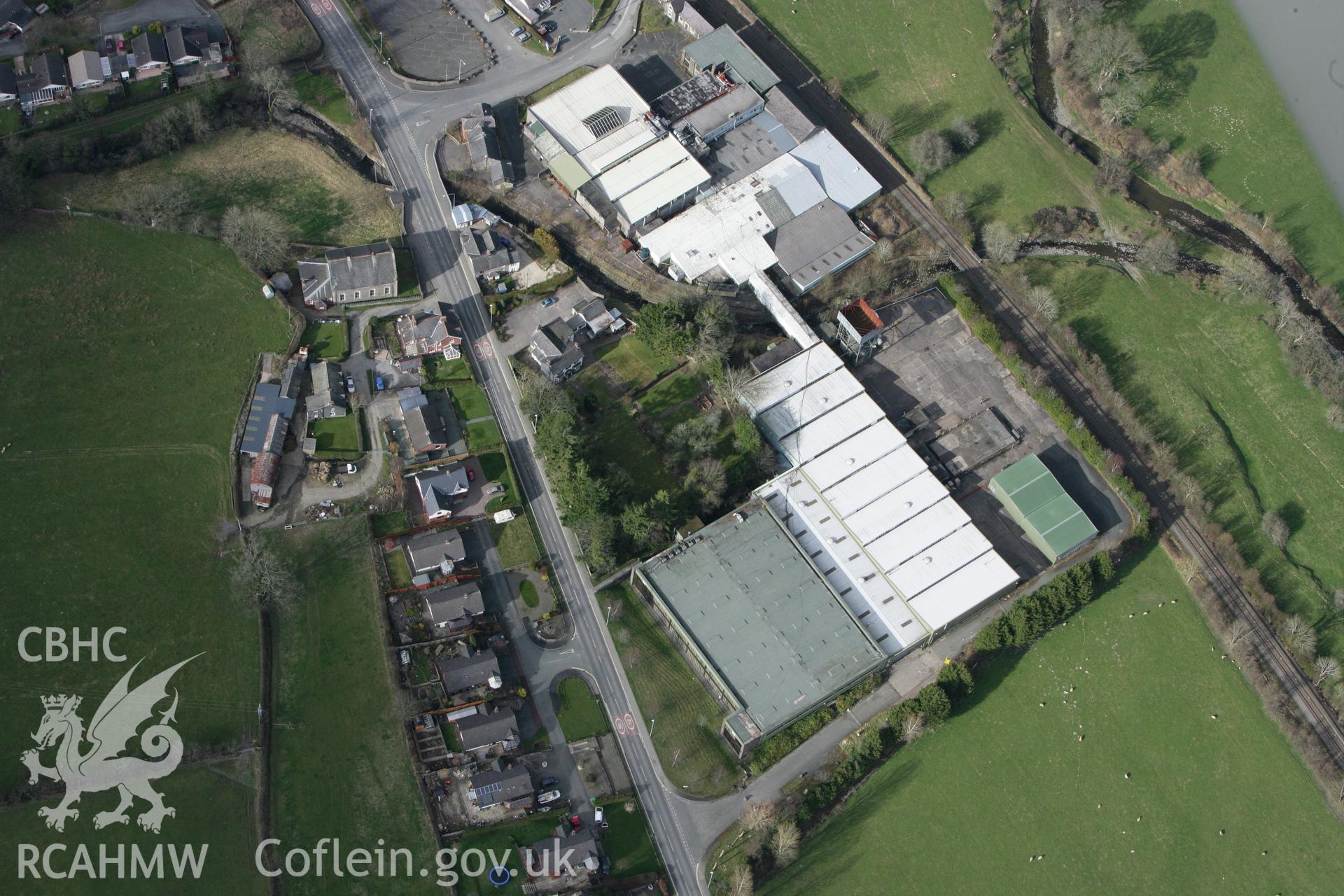 RCAHMW colour oblique photograph of Laura Ashley Factory, Carno. Taken by Toby Driver on 22/03/2011.