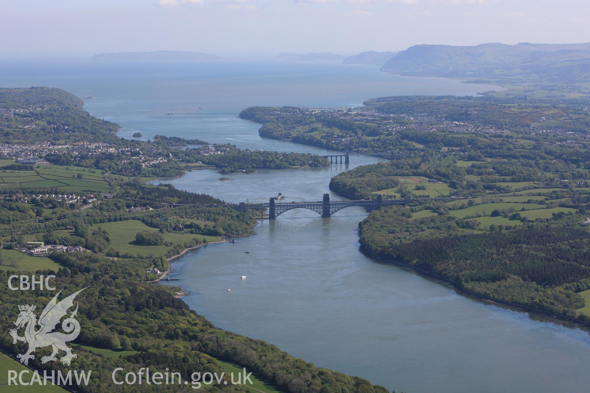 RCAHMW colour oblique photograph of Britannia Bridge, Menai Straits. Taken by Toby Driver on 03/05/2011.