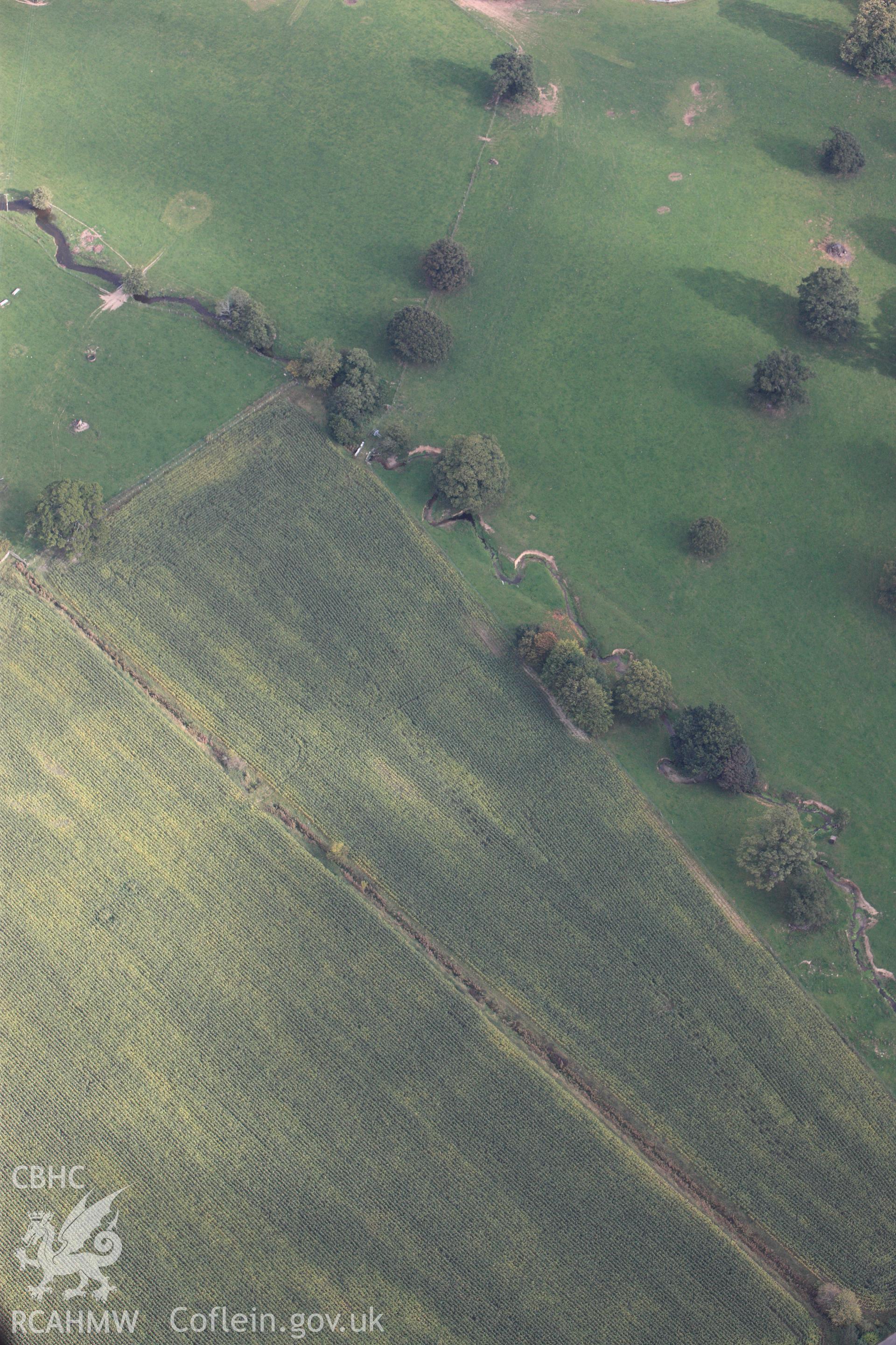 RCAHMW colour oblique photograph of Plas Newydd Romano-British Temple Cropwork; Plasnewydd Roman Temple. Taken by Toby Driver on 04/10/2011.