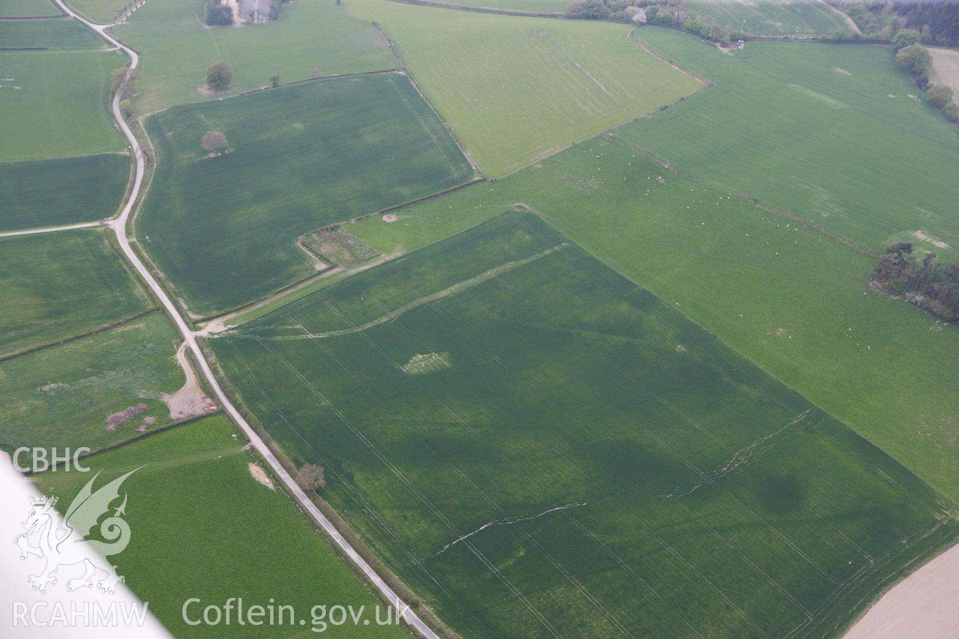 RCAHMW colour oblique photograph of Hindwell Cursus, north-east terminal. Taken by Toby Driver on 26/04/2011.